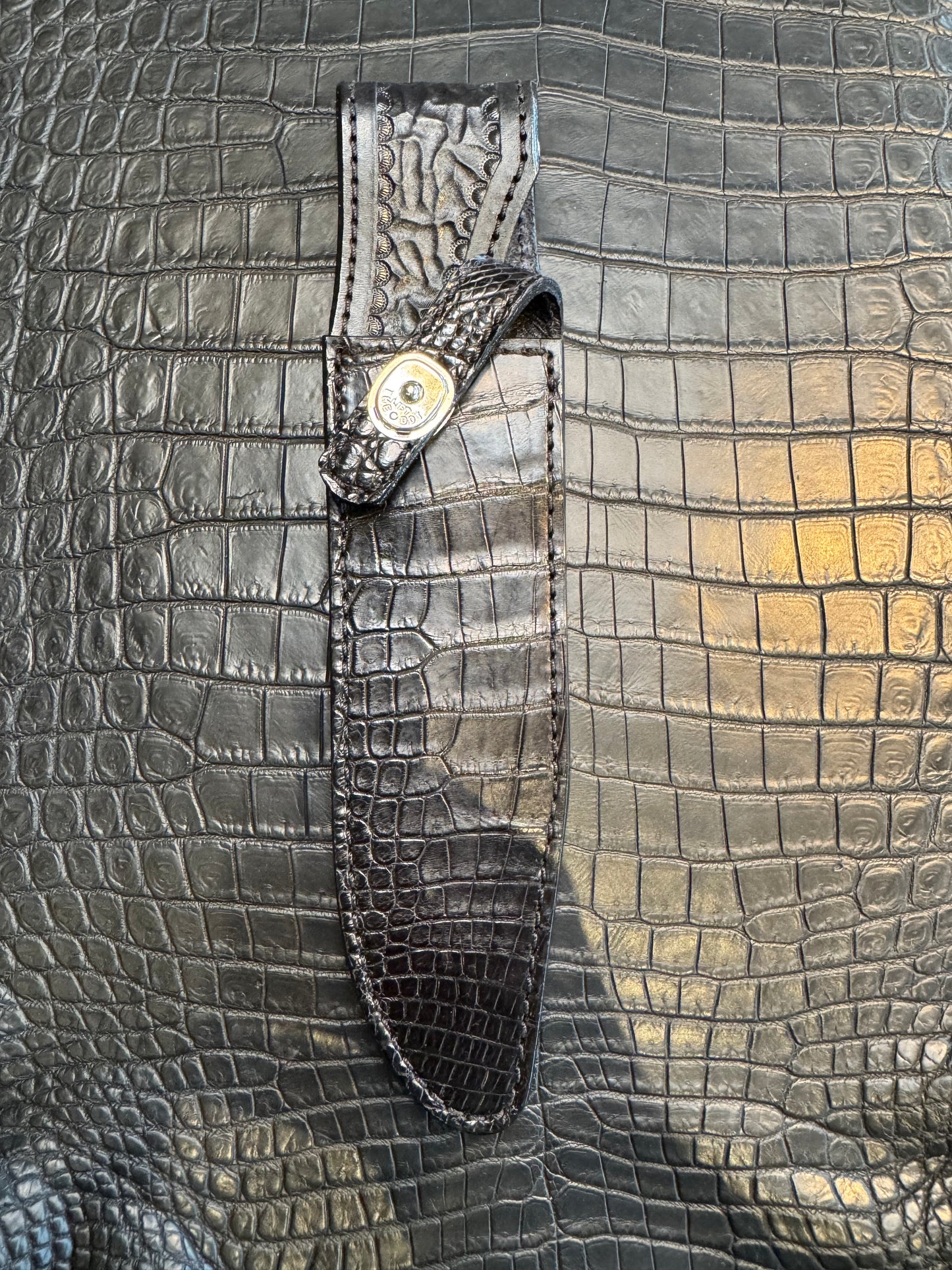 Randall Model 14 in Black Crocodile Straight hilt, Canteen Snap, full brass stamping and stitching.