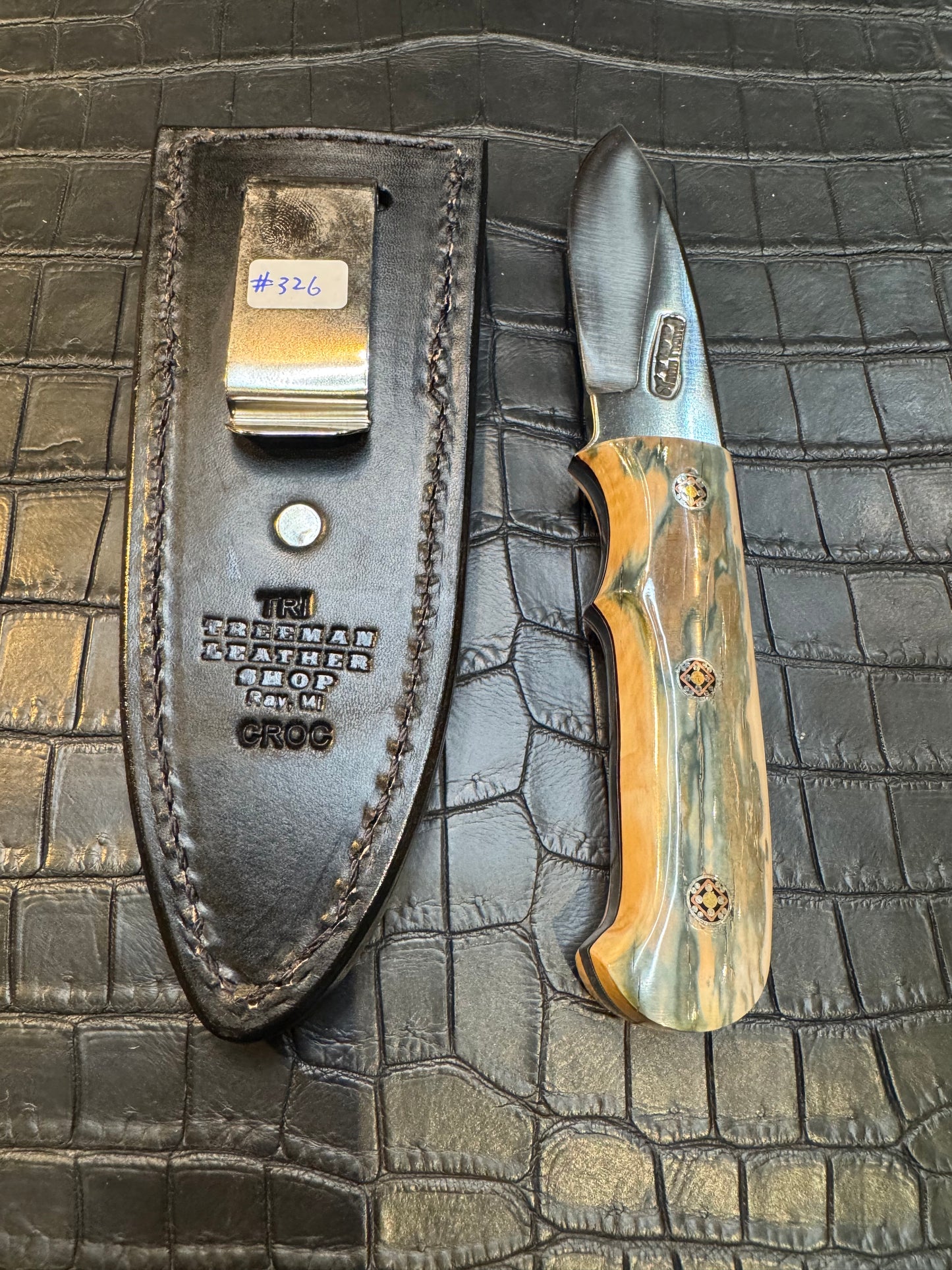 Randall Model Tri Athlete Sheath with Scales Added in Exotic Black Hornback Crocodile (Skull) by Treeman. (Sheath only)