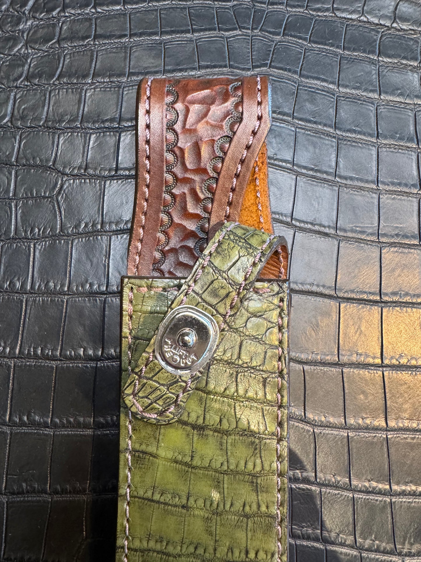 Randall Model 1-8 in Army Green Crocodile. Straight hilt, Canteen Snap, full brass stamping and stitching.