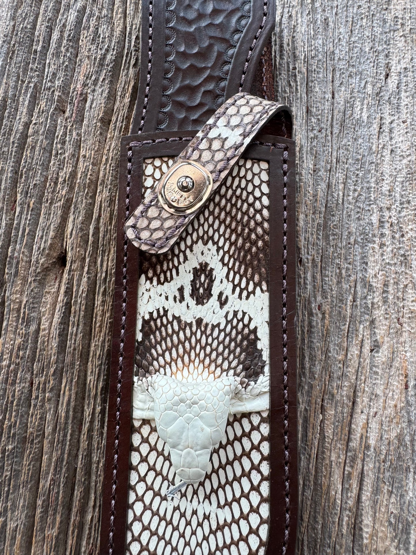 Randall Model 12-9 Bowie Sheath in Exotic Cobra with actual head by Treeman. White and Brown … my only 12-9.