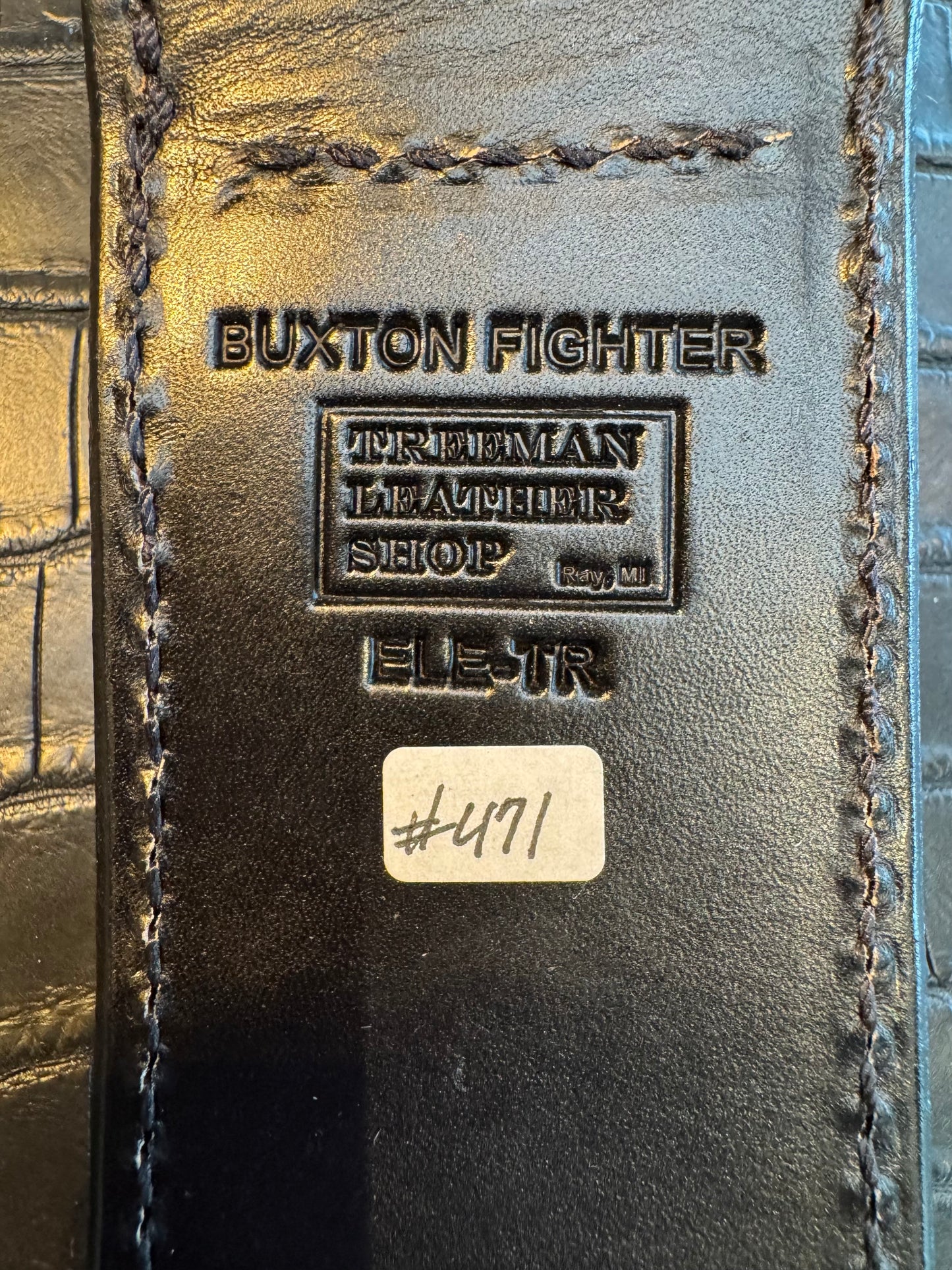 Randall Model Buxton Fighter “Dealer Special” Exotic Sheath in Black Elephant Trunk by Treeman.