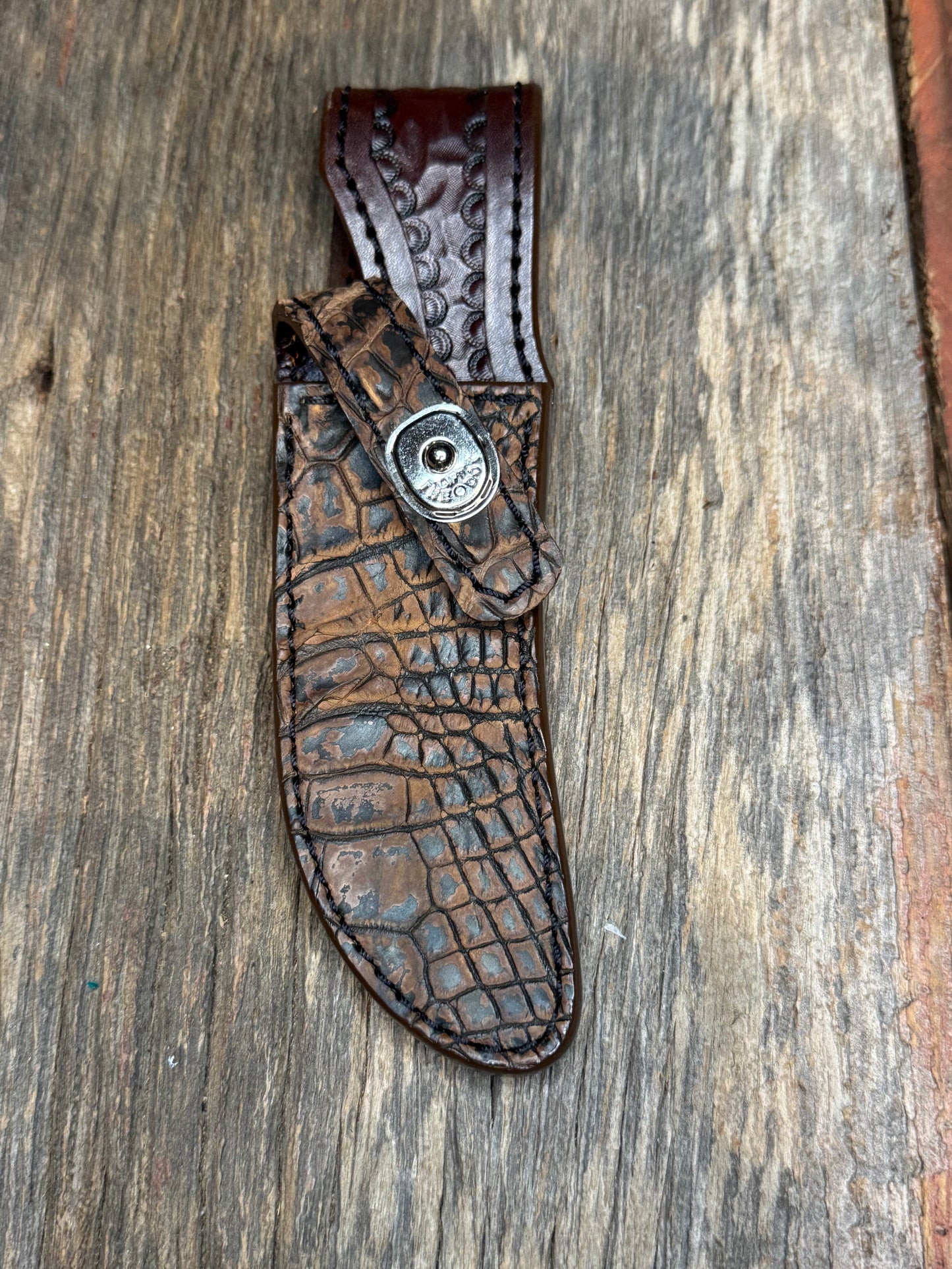 Randall Model 20 Sheath in Exotic Brown Sueded Crocodile from Treeman.