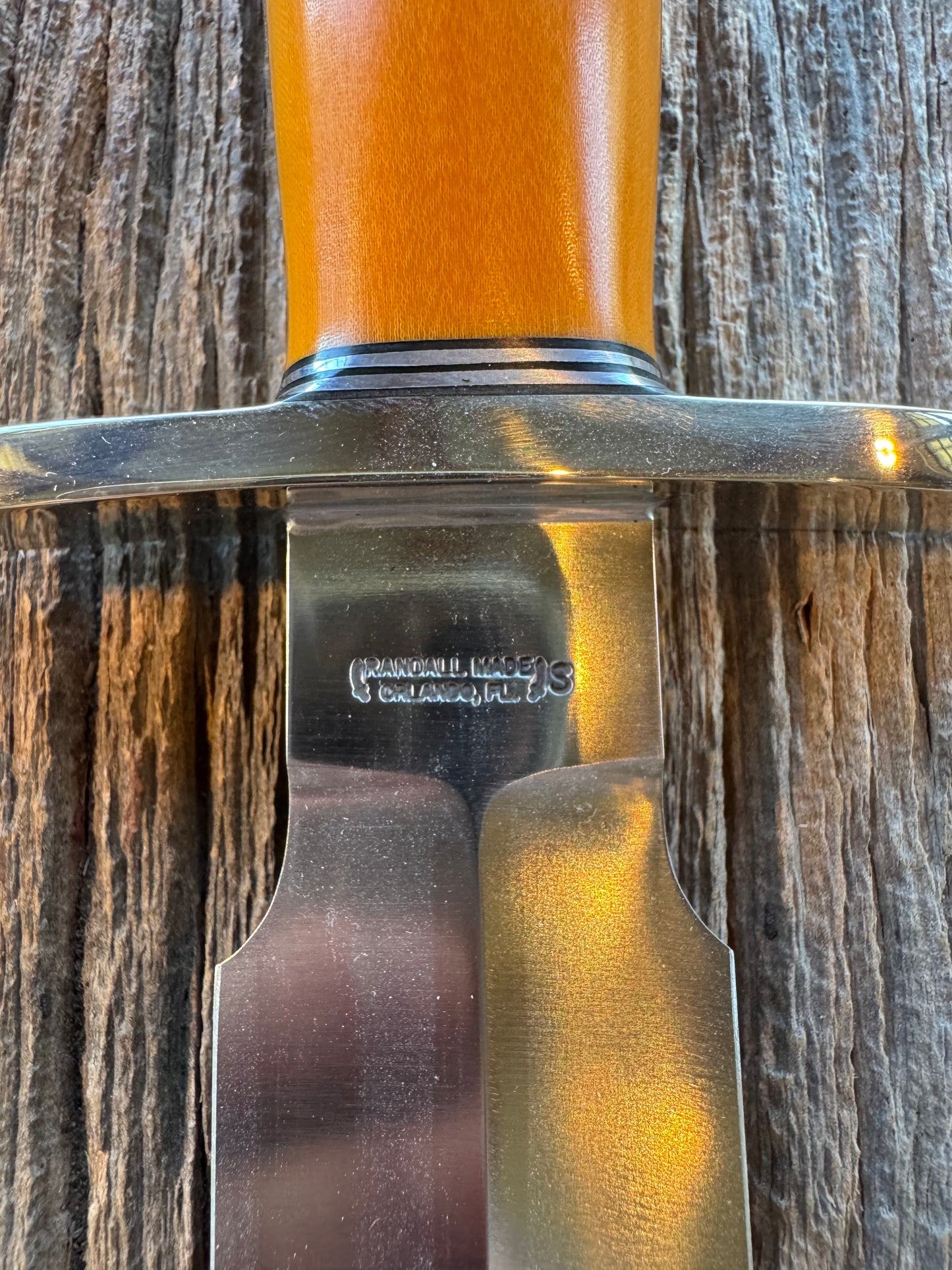 Randall Clinton Dealer Special Gold Micarta, Stainless Steel, Zebra Treeman Sheath, NSH and buttcap.