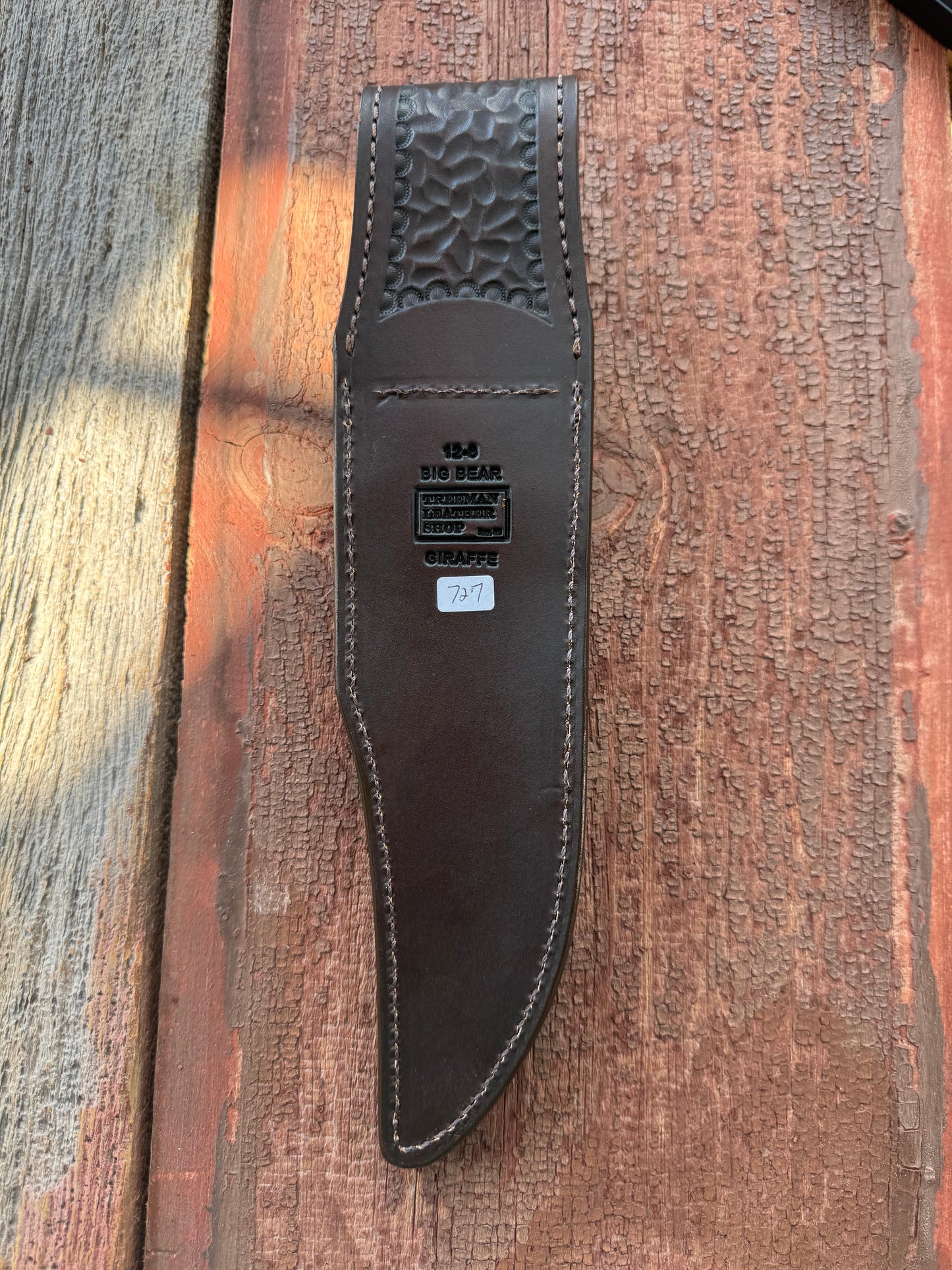 Randall Model 12-8 “Big Bear” Sheath in Exotic Giraffe leather by Treeman.