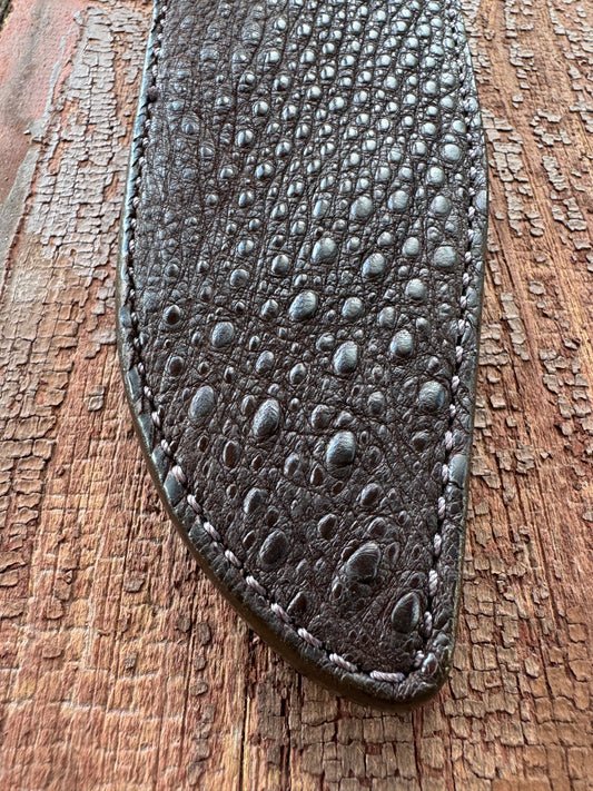 Randall Model 12-9/14 Grind Sheath in Exotic Dark Brown Snapping Turtle by Treeman. Supple tanned leather from the hind quarter.