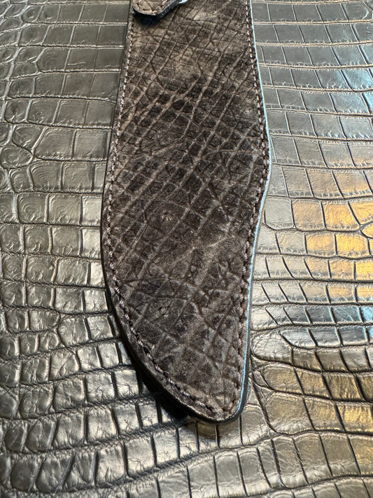 Randall Model 12-9 Bowie Clip Point in Black Hippo, forward curved hilt, Canteen Snap, full brass stamping and stitching.