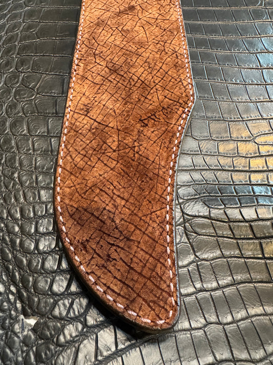 Randall Model 12-11 Smithsonian “Smitty” in Chocolate Hippo, forward curved hilt, Canteen Snap, full brass stamping and stitching.