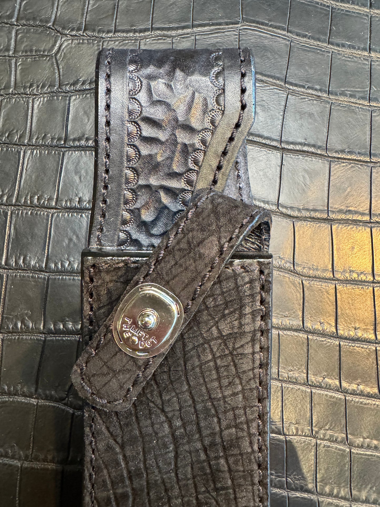 Randall Model 14 in Black Hippo Straight hilt, Canteen Snap, full brass stamping and stitching.