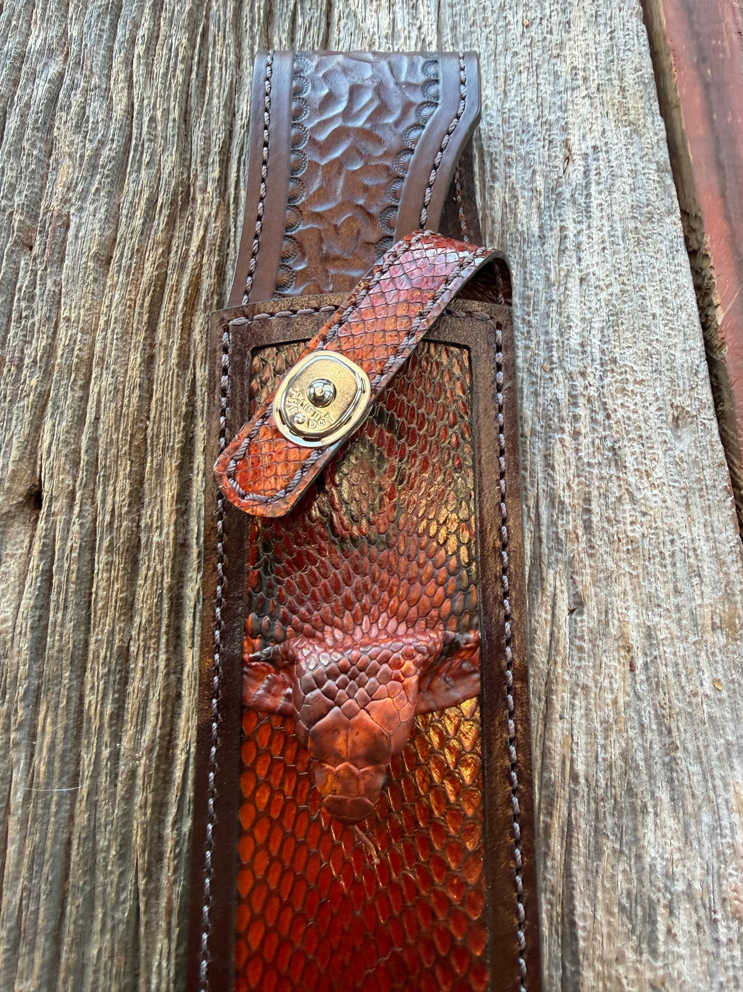 New Randall Model 12-9 Bowie Sheath in Exotic Cobra with actual head by Treeman. Black and Browns … one of only a few 12-9’s I have.