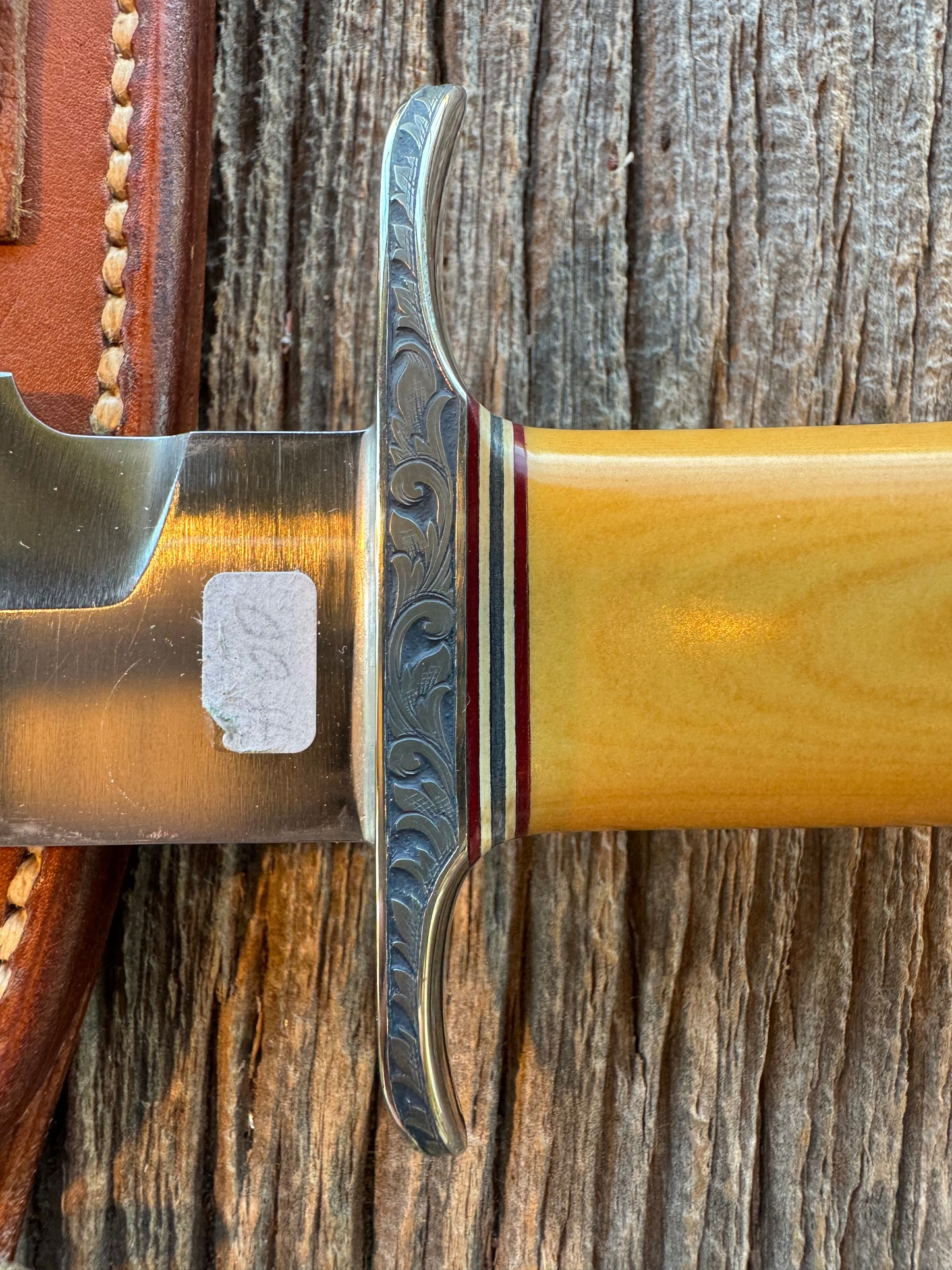 Randall Model 14 in Yellow Westinghouse Micarta, David Purdue Engraved #162 Nickel Silver Hilt.