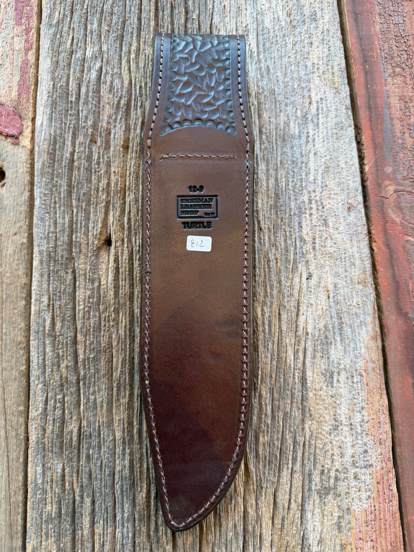 New Randall Model 12-9/14 Grind Sheath in Exotic Brown Snapping Turtle by Treeman. Spiked Dragon tail portion of the turtle.