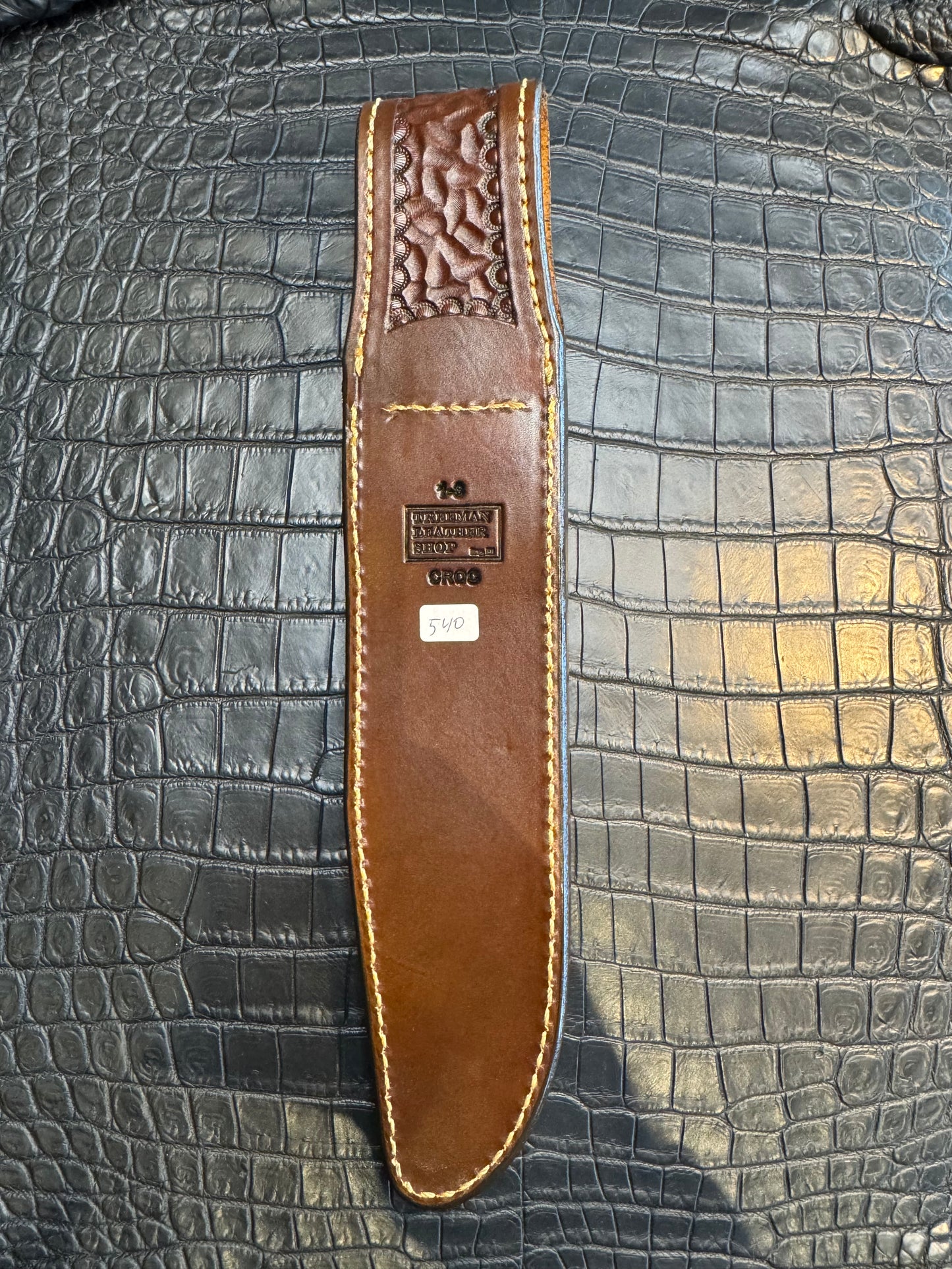 Randall Model 1-8 in Army Green Crocodile. Straight hilt, Canteen Snap, full brass stamping and stitching.