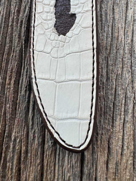 New Randall Model 1-8 or 2-8 Sheath in Exotic white Natural Croc with Anus and full leather belt loop. Custom Made at Sullivan’s by Gutcher with Randall stamp on back and snap.