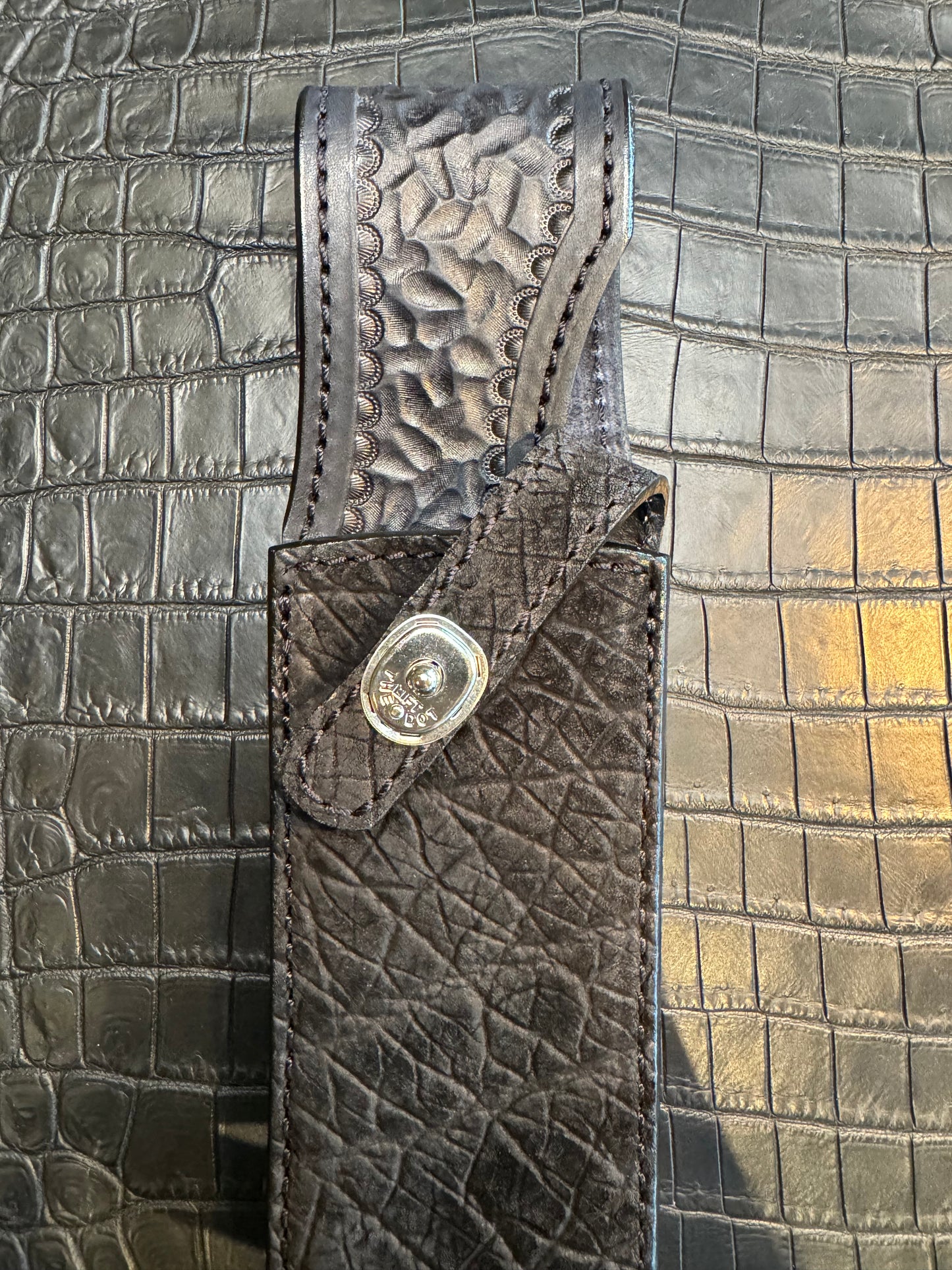 Randall Model 12-9 Bowie Clip Point in Black Hippo, forward curved hilt, Canteen Snap, full brass stamping and stitching.