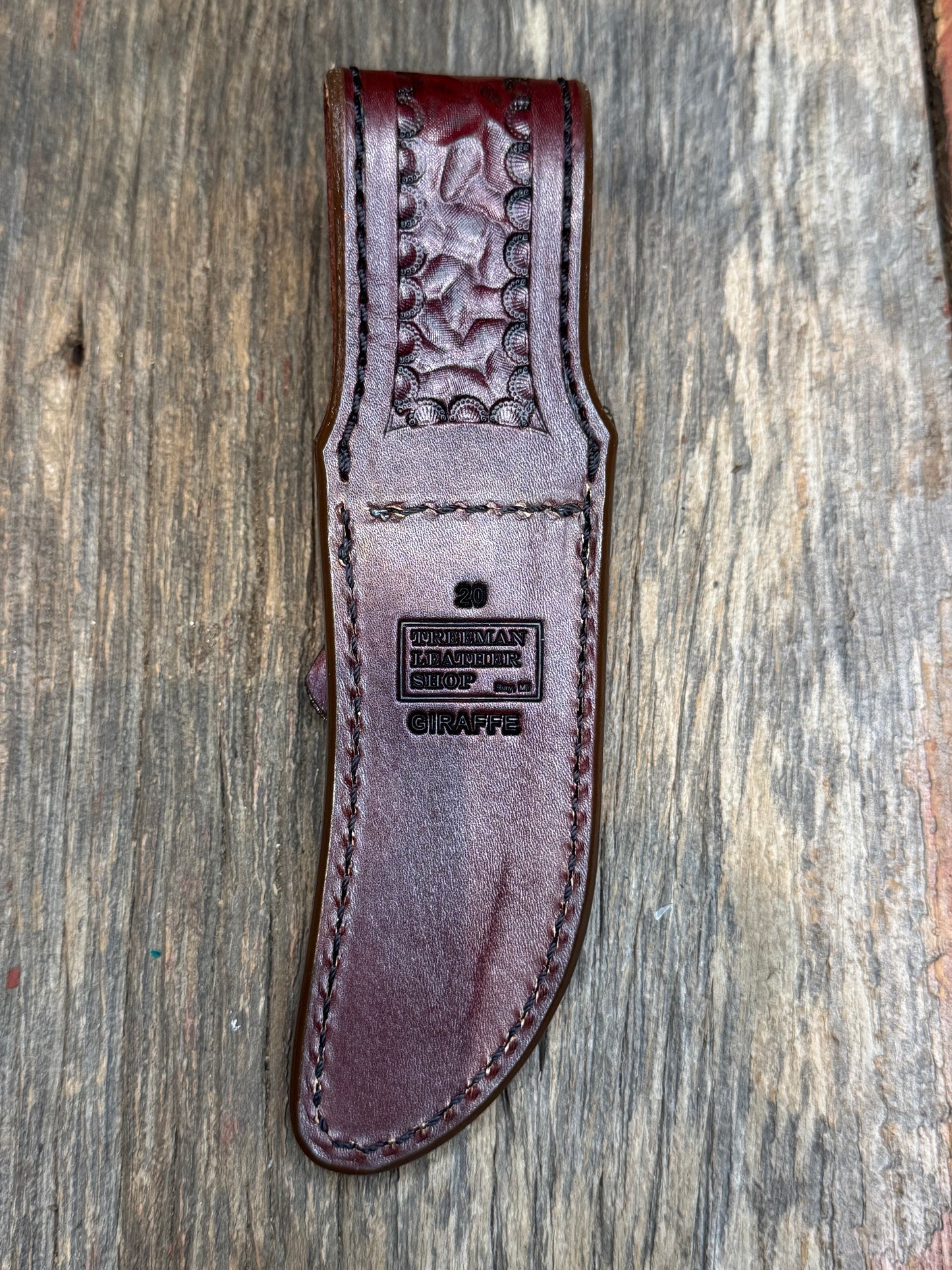 Randall Model 20 Sheath in Exotic Brown Giraffe from Treeman.