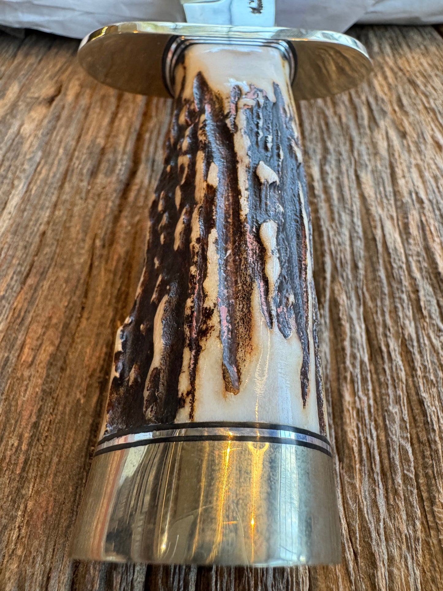 New in paper Randall Knife Model 12-8 “Big Bear” Large piece of Gnarly Popcorn Stag. Nickel silver hilt and butt cap. Stainless steel.