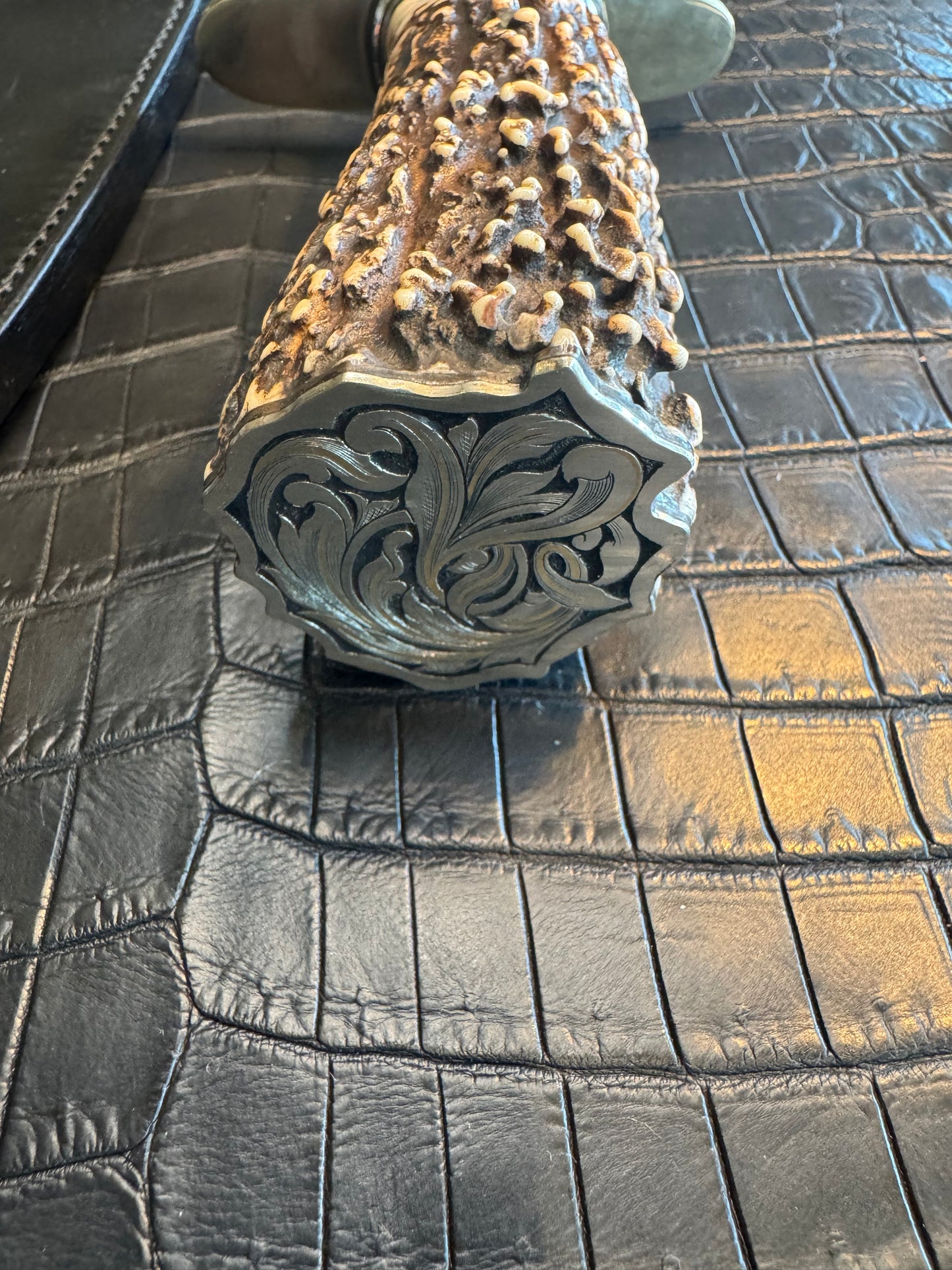 Randall Model 12-11 Dealer Special Large Sasquatch in a Huge piece of Popcorn Stag. Gold and Silver Engraved, Nickel Silver Hilt and Butt plate.