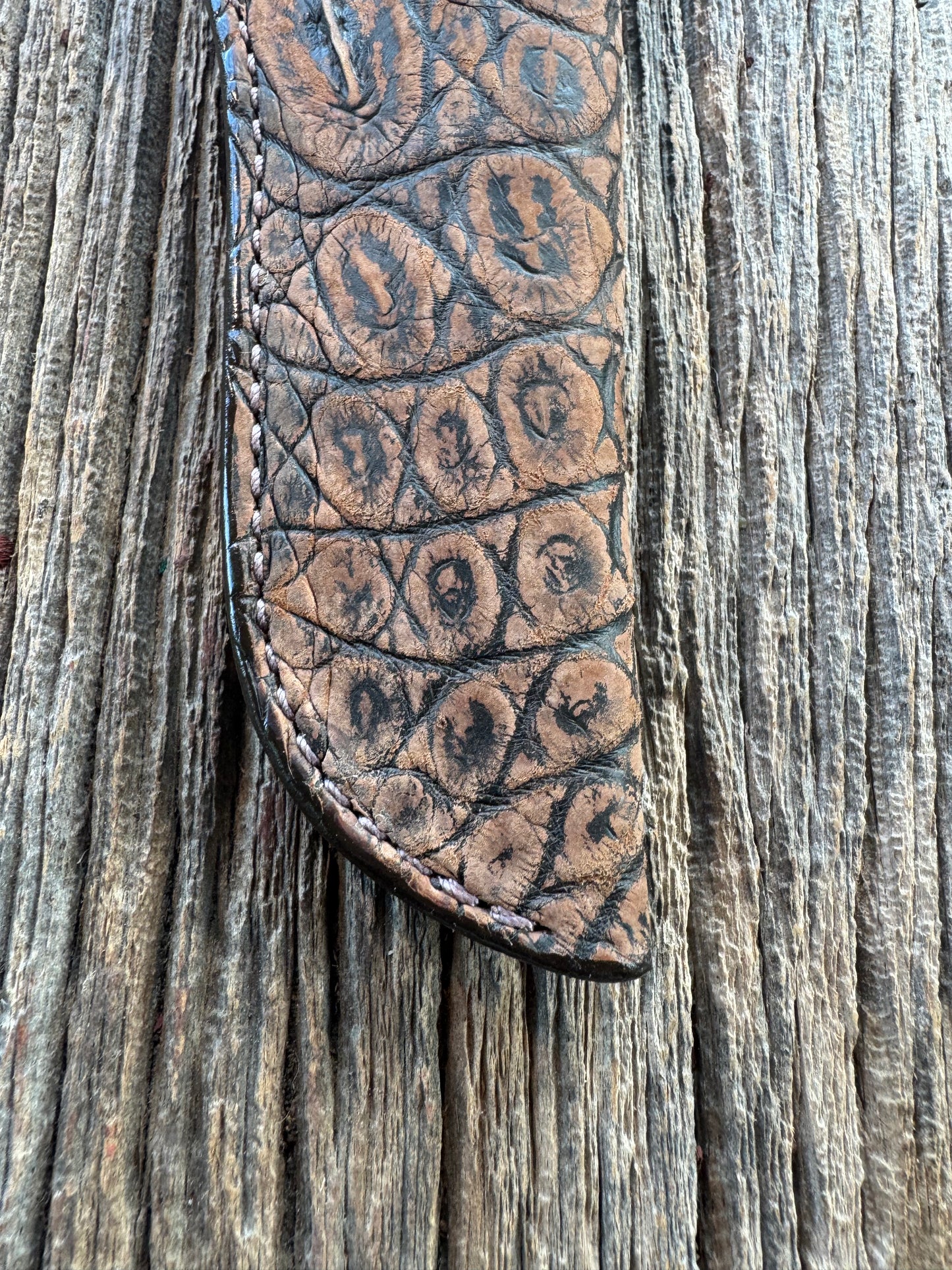 Randall Model 26 Sheath in Exotic Brown Sueded Crocodile Throat style from Treeman.