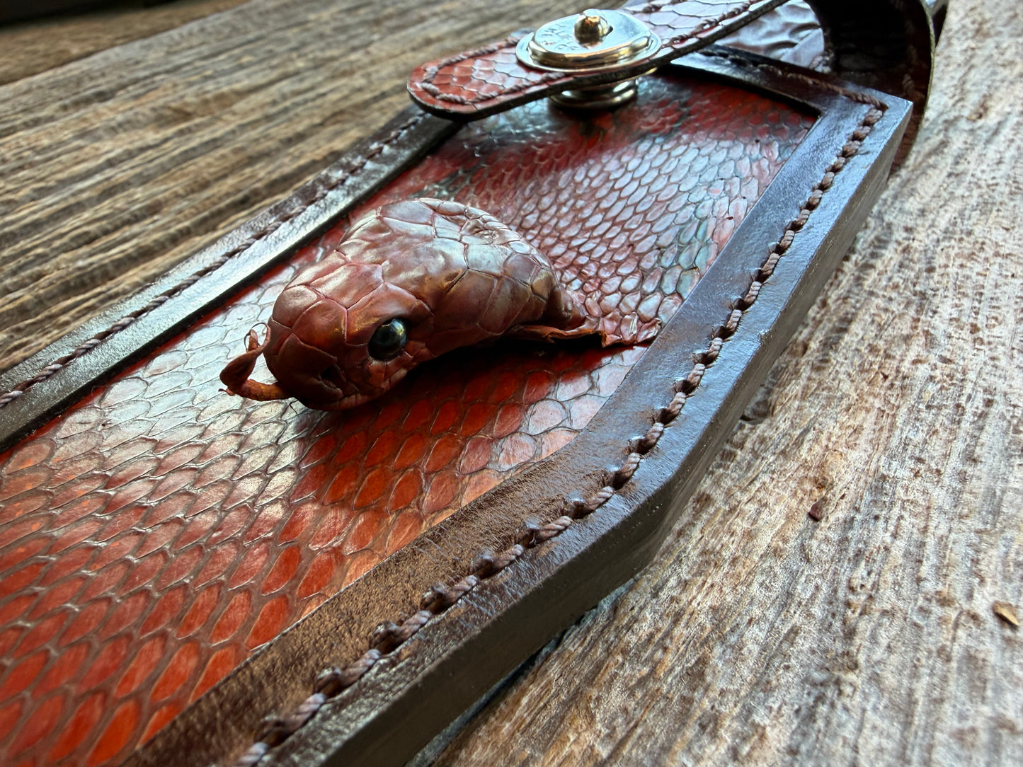 New Randall Model 12-8 Big Bear Sheath in Exotic Cobra with actual head by Treeman. Black and Browns … one of only a three I made.