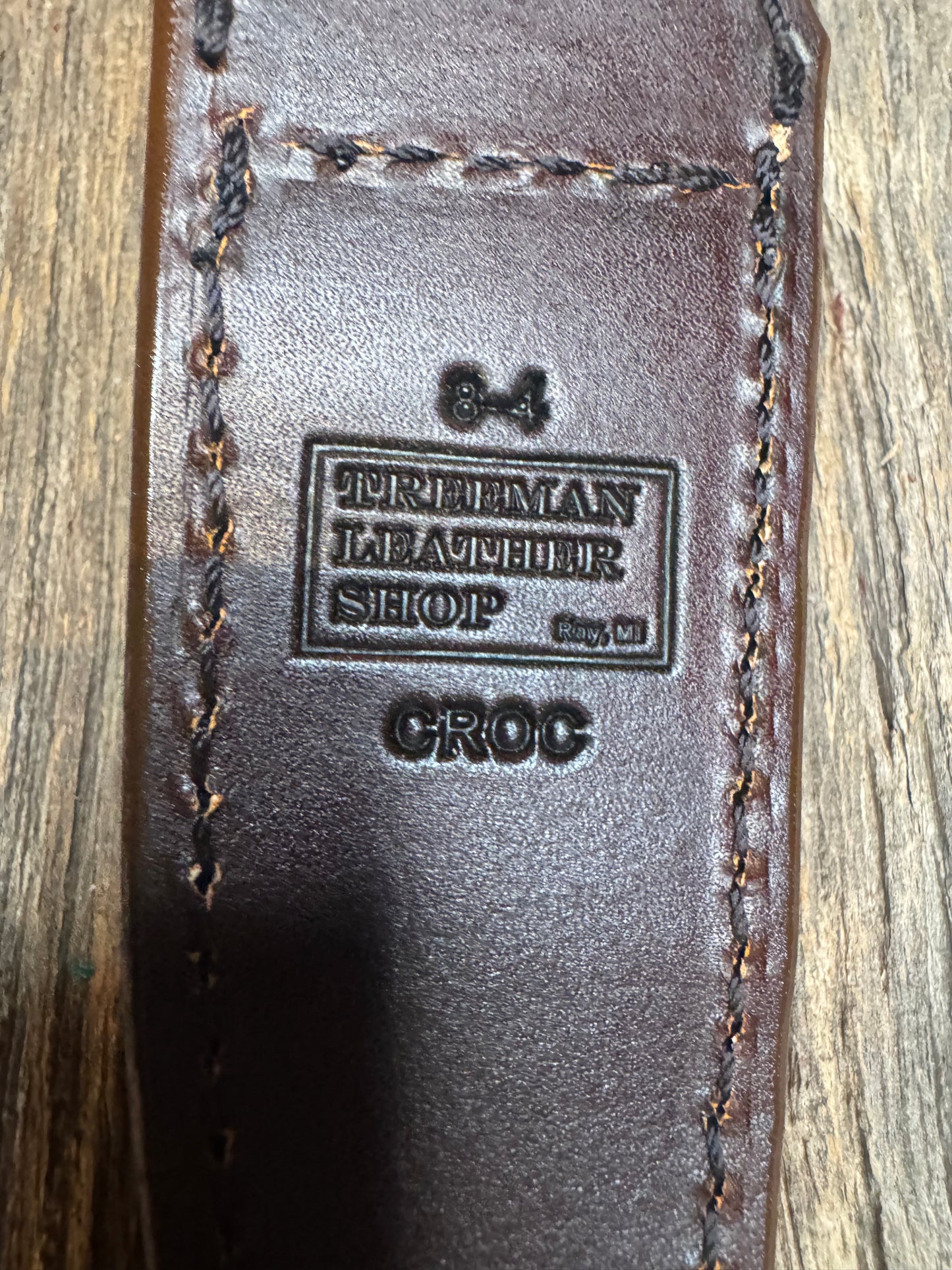 Randall Model 8-4 Sheath in Exotic Brown Sueded Crocodile from Treeman.