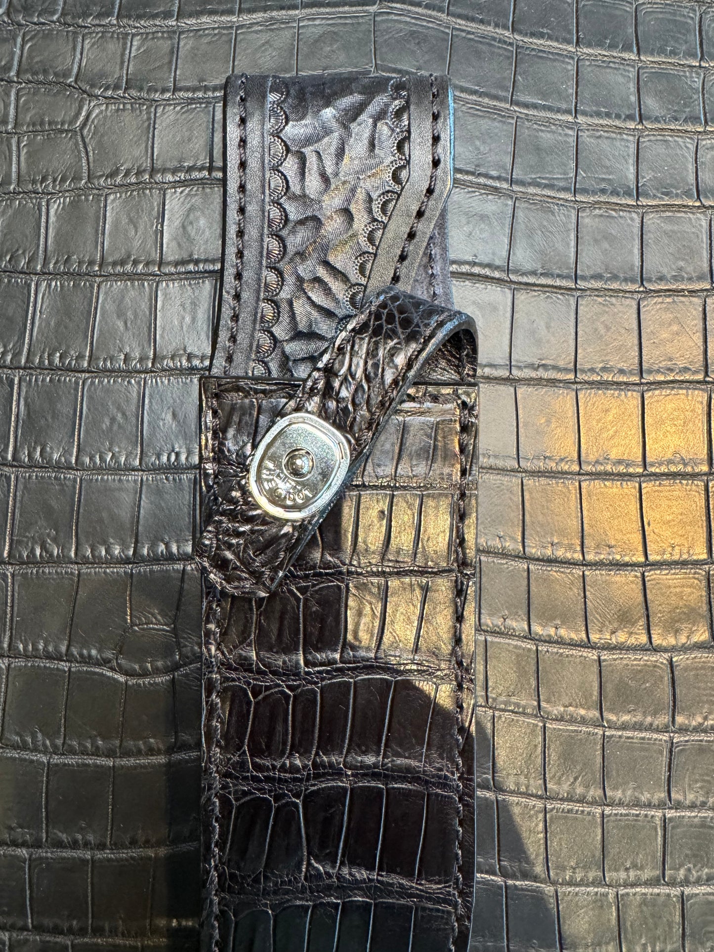 Randall Model 14 in Black Crocodile Straight hilt, Canteen Snap, full brass stamping and stitching.