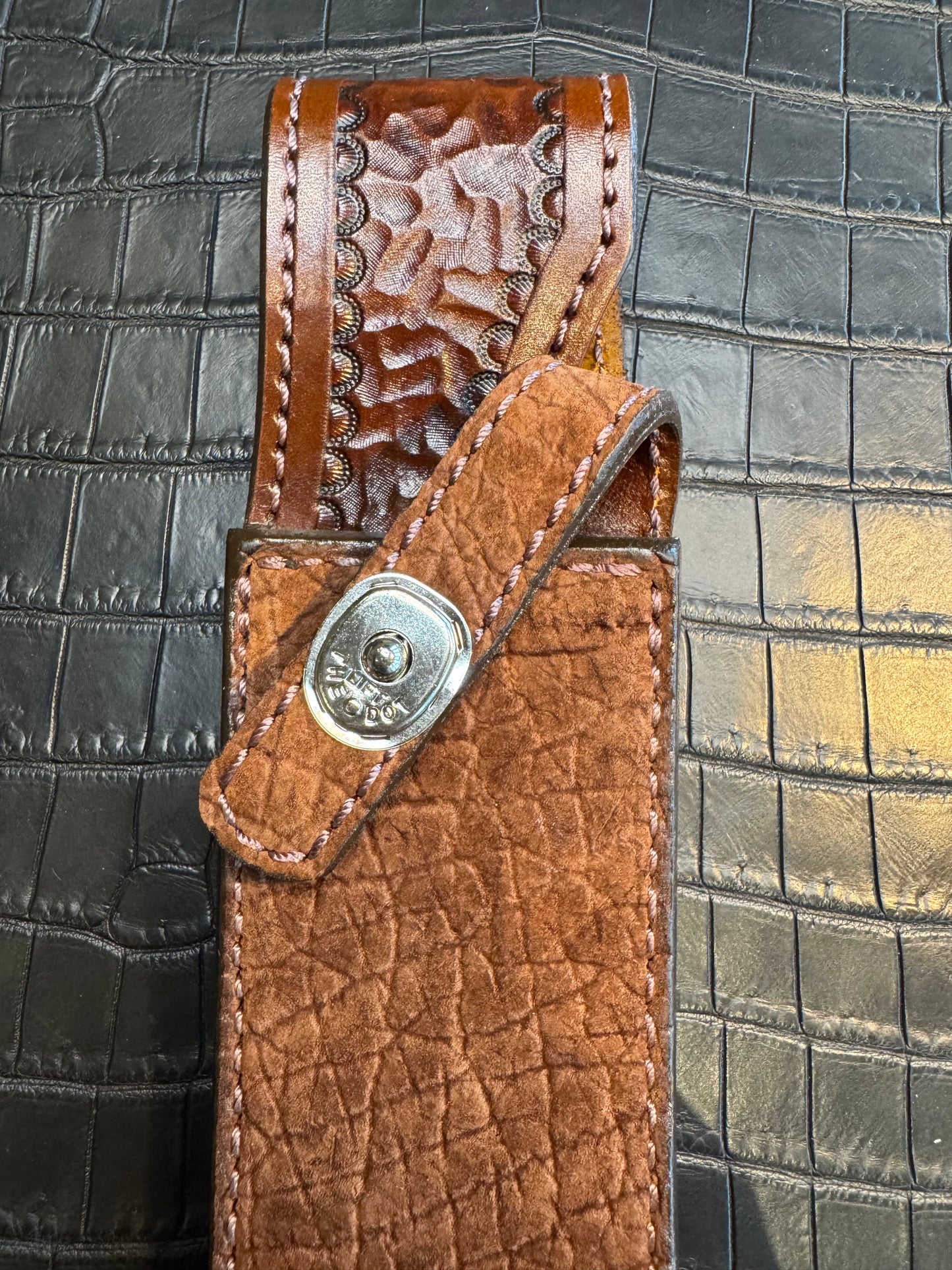 Randall Model 14 in Chocolate Hippo Straight hilt, Canteen Snap, full brass stamping and stitching.