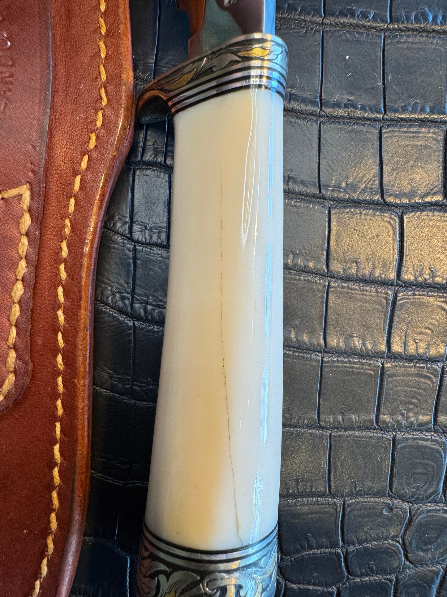 Randall Model 26 in Elephant Ivory, Gold and Silver Engraved, Nickel Silver Single Hilt and Butt cap fully engraved.
