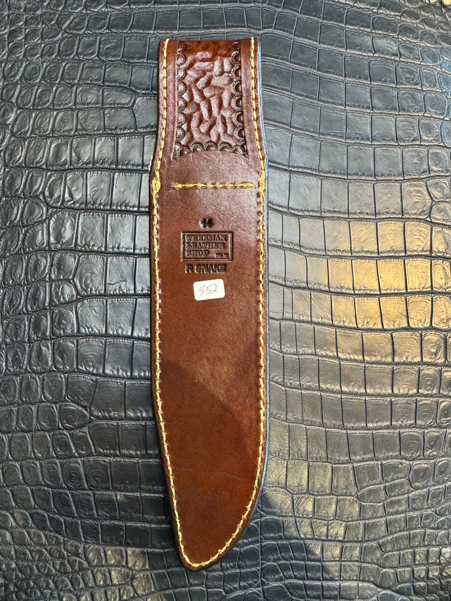 Randall Model 14 in rare Rattlesnake, Straight hilt, Canteen Snap, full brass stamping and stitching.