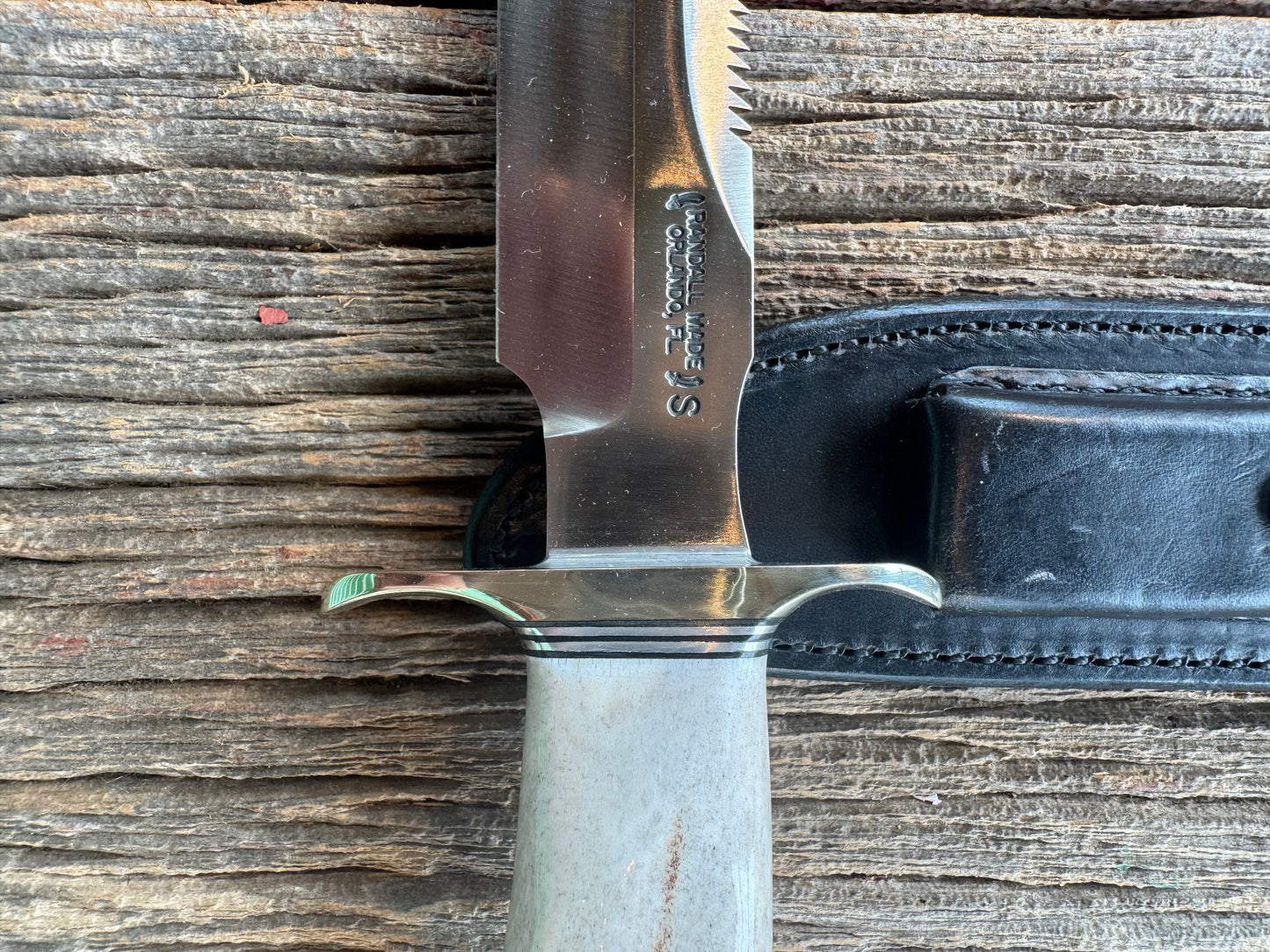 Randall Model 1-7 in a gorgeous piece of Polished Crown Stag. Nickel Silver Hilt, sawteeth and a natural exposed end, Stainless steel.