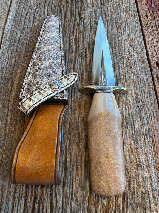 Randall Knife Model 13-6 Small Arkansas Toothpick Artifact. Fossil Walrus in an Ice Ax Handle. Included is a very rare Gutcher Rattlesnake sheath, Stainless Steel.