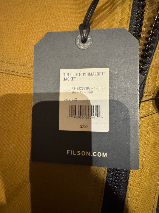 NWT Filson TIN CLOTH PRIMALOFT® JACKET DARK TAN extra Large XL NWT