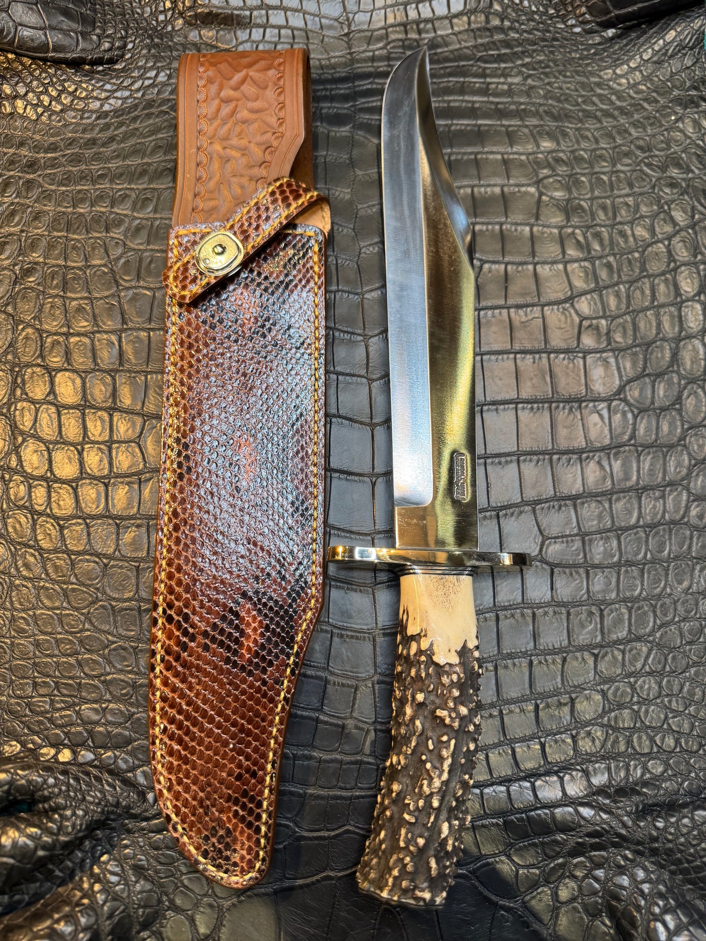Randall Model Confederate Sheath in Exotic Brown and Black Python skin from Treeman. Sheath only.