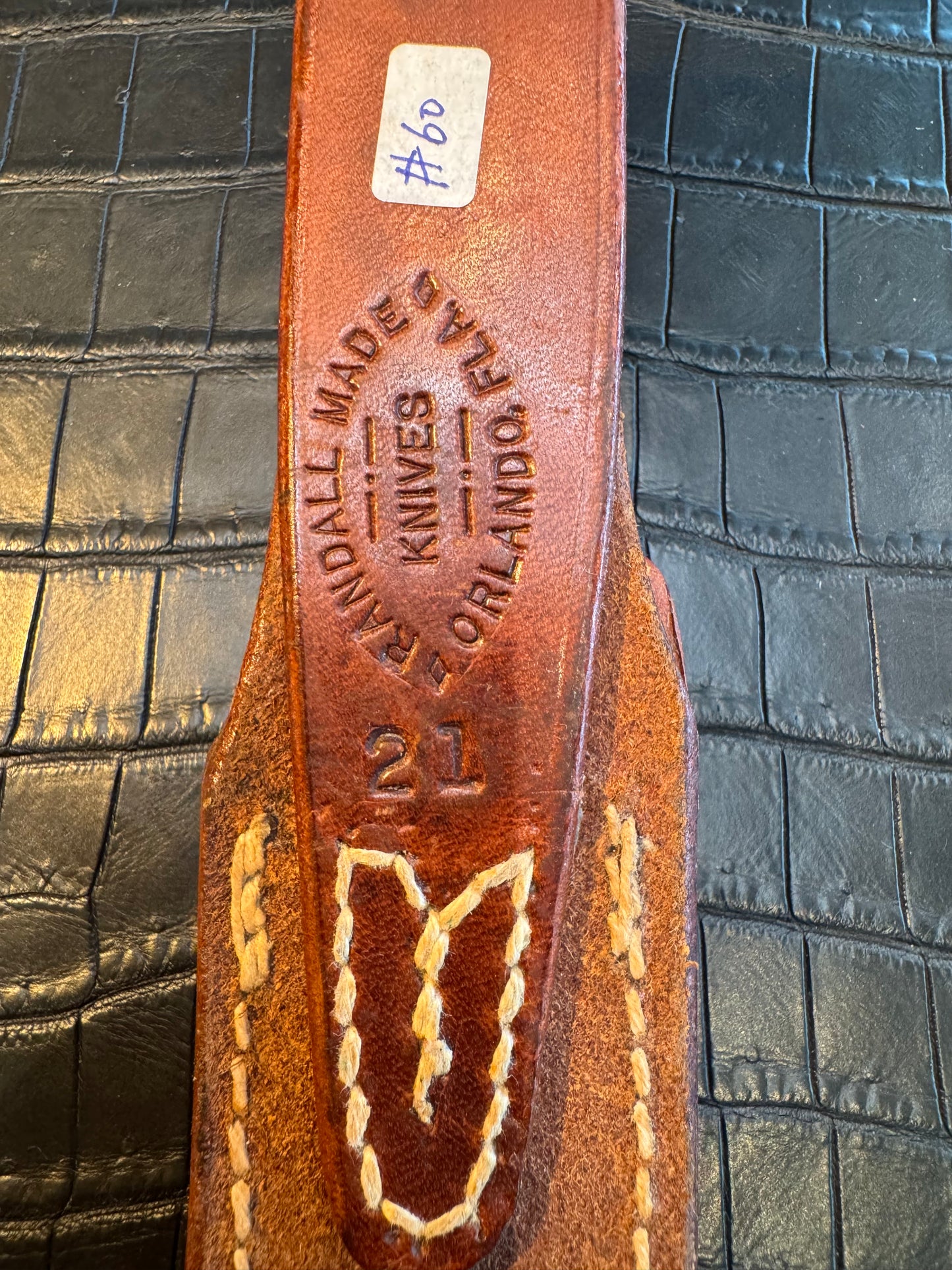Randall Model 21 Sheath Butterfly stitching in Tan Leather made by Johnson Sheaths in the 90’s for Randall Knives.