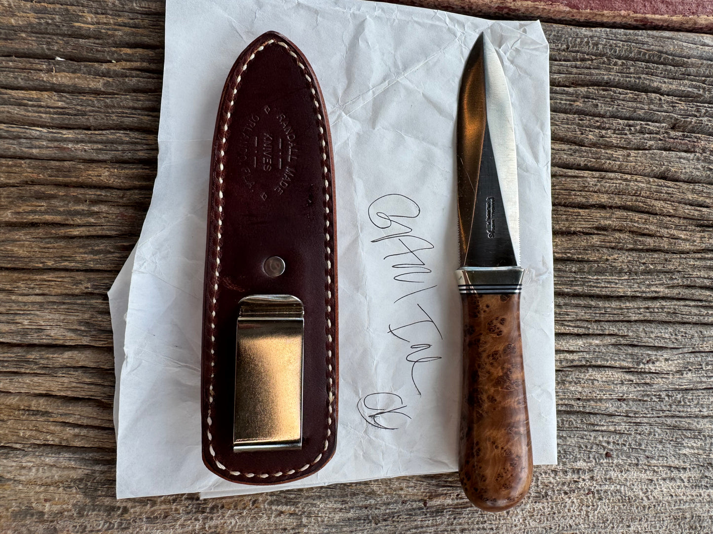 New in Paper Randall Model “Gambler” 4 Inch in Thuya Wood, Nickel hilt, Stainless, black and aluminum spacers.