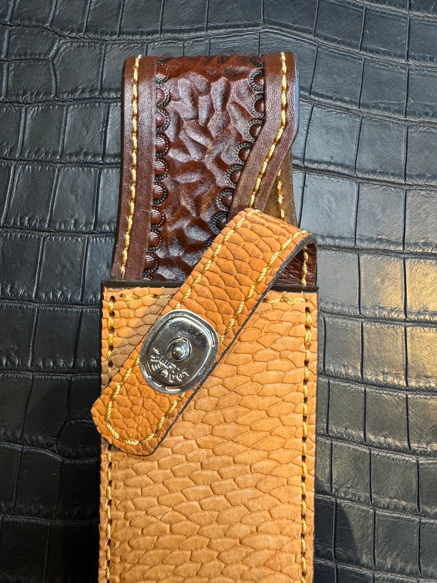 Randall Model 14 in Beaver Tail, Straight hilt, Canteen Snap, full brass stamping and stitching.