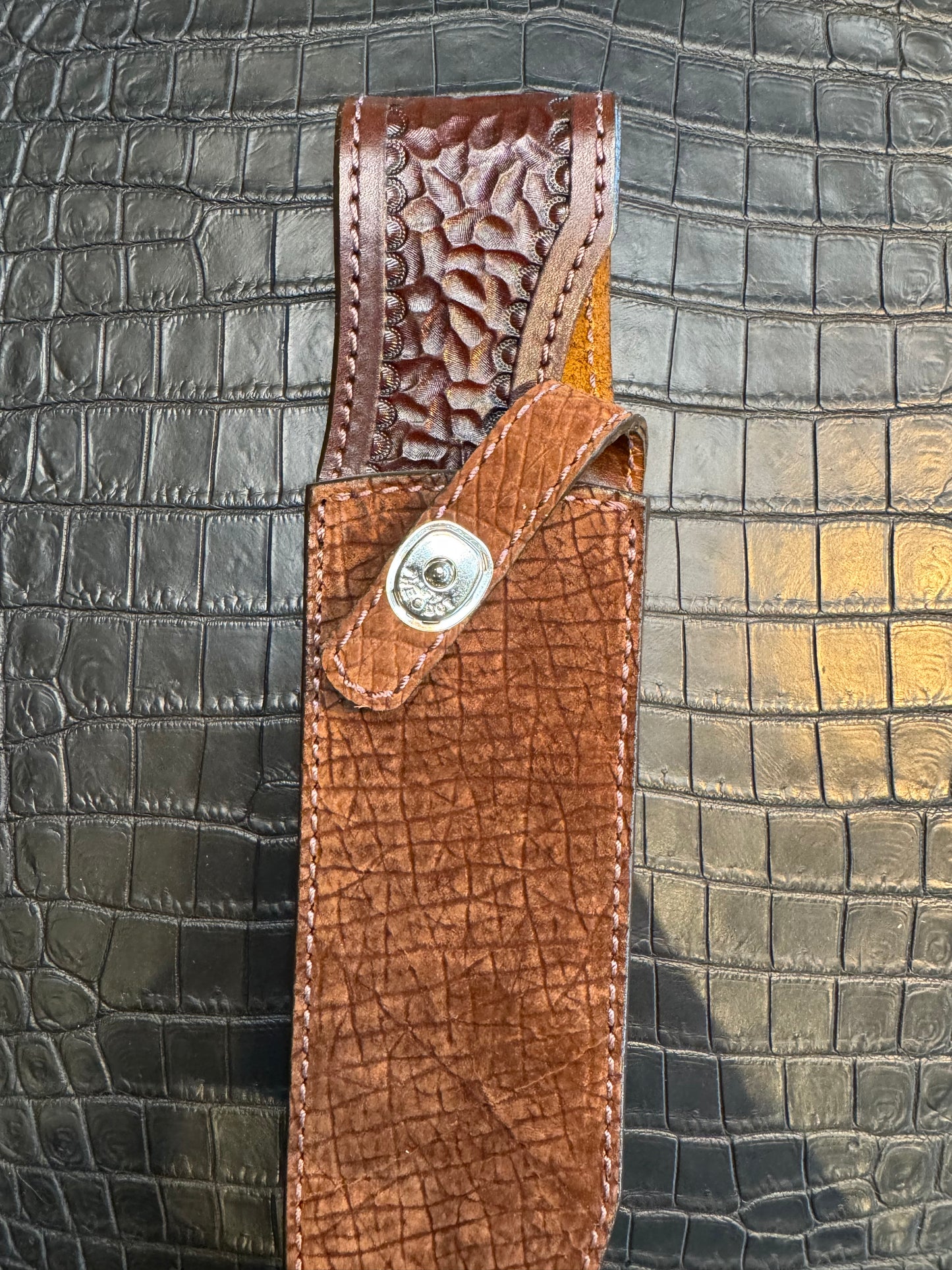 Randall Model 12-9 Bowie Clip Point in Chocolate Hippo, forward curved hilt, Canteen Snap, full brass stamping and stitching.