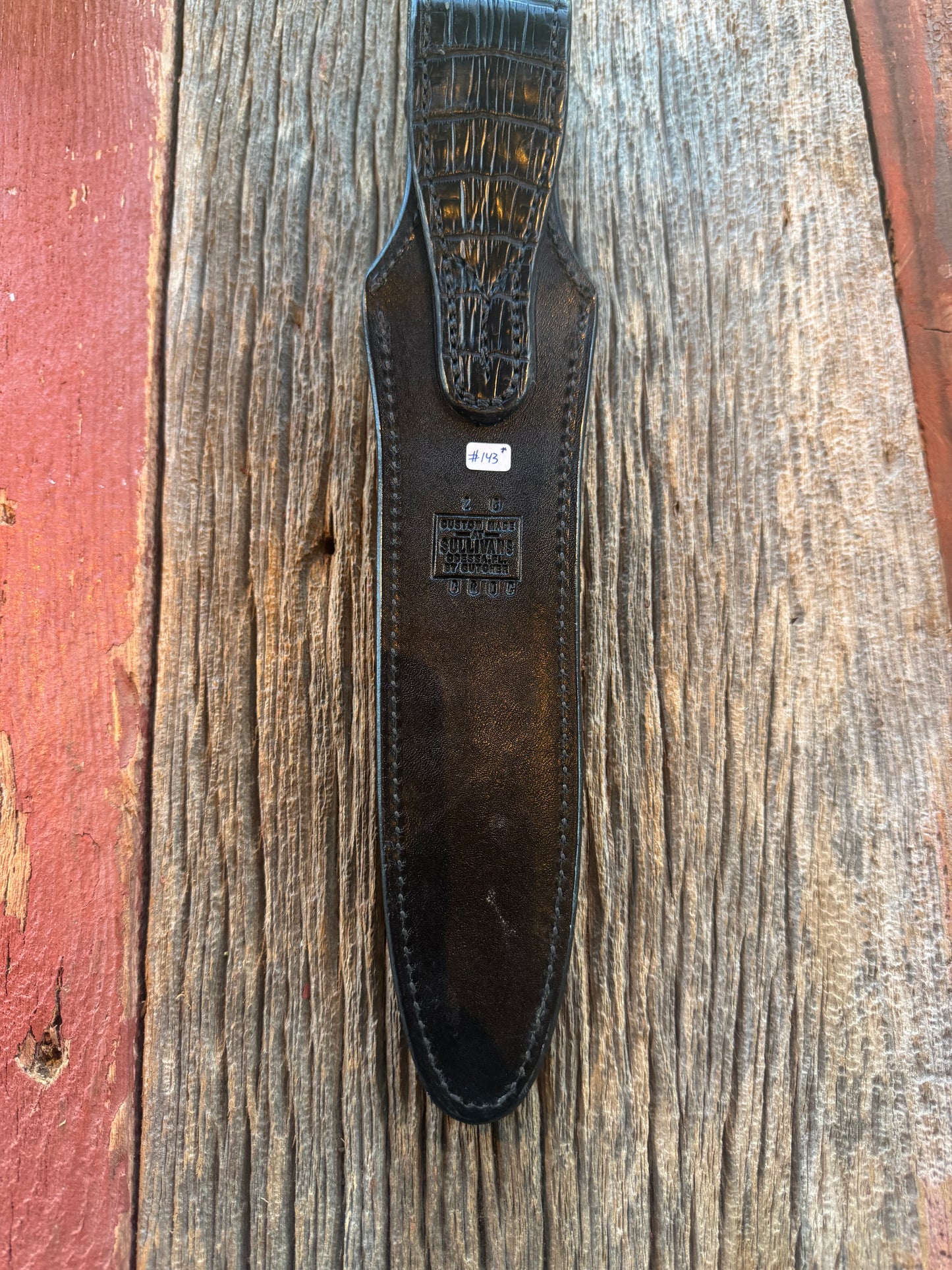 New Randall Model 2-8 Sheath in Exotic Black Natural Croc with full belt loop, back and front and loop in Black Croc( very rare) Custom Made at Sullivan’s by Gutcher.
