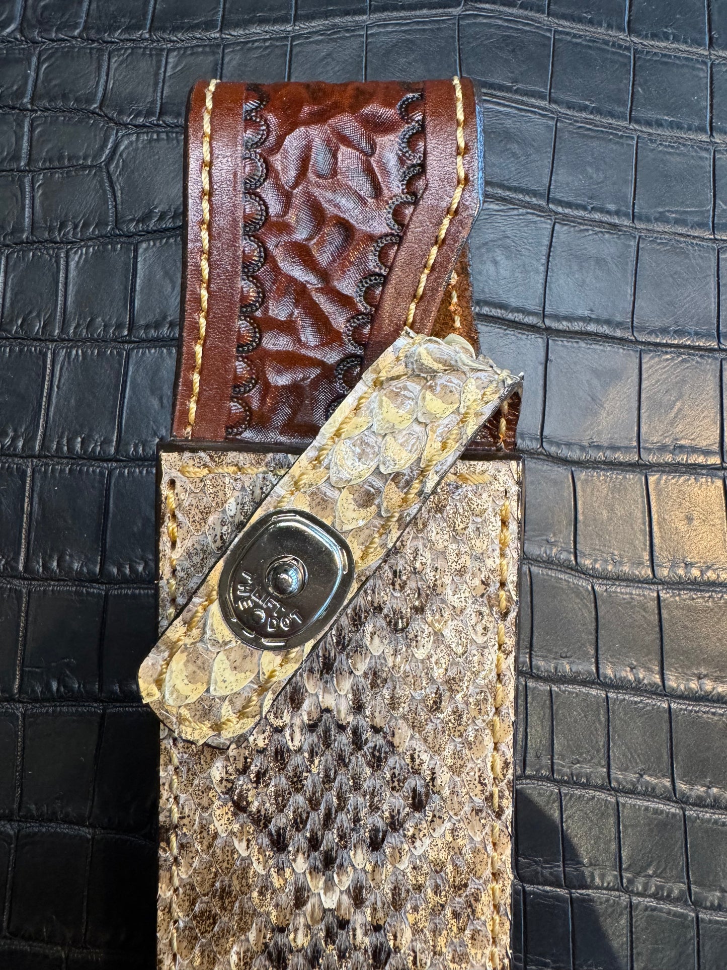 Randall Model 14 in rare Rattlesnake, Straight hilt, Canteen Snap, full brass stamping and stitching.