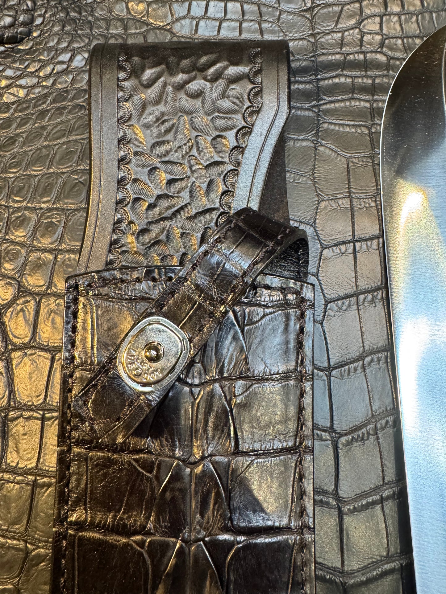 Randall Model Smithsonian “Smitty”Sheath in Exotic Australian Black Hornback ( tail ) Crocodile skin from Treeman. Sheath only