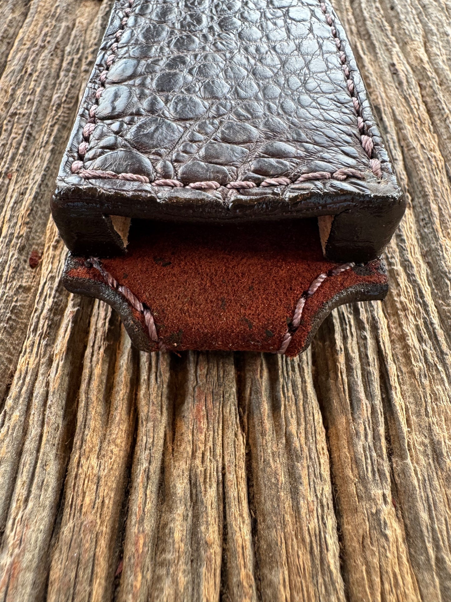 Randall Model 10-7 Fisherman Exotic Sheath in Dark Brown Hornback Crocodile by Treeman.