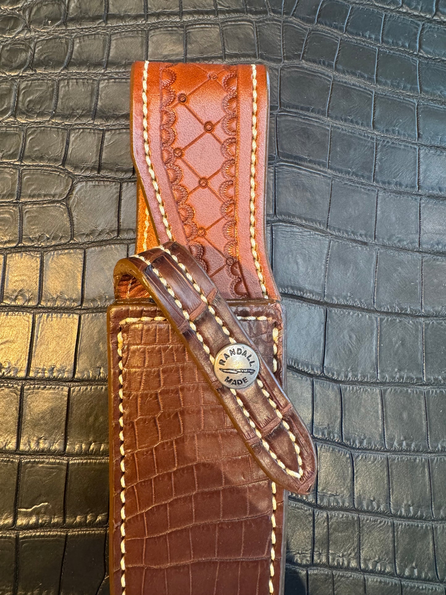 New Randall Model 12-6 Sheath in Exotic Brown Crocodile Custom Made at Sullivan’s by Gutcher.