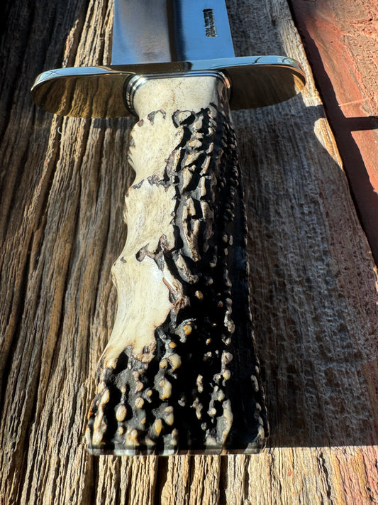 Randall Model 12-11 Smithsonian “Smitty” in a Huge piece of Popcorn Stag with finger grooves. Nickel Silver Hilt and Butt cap.