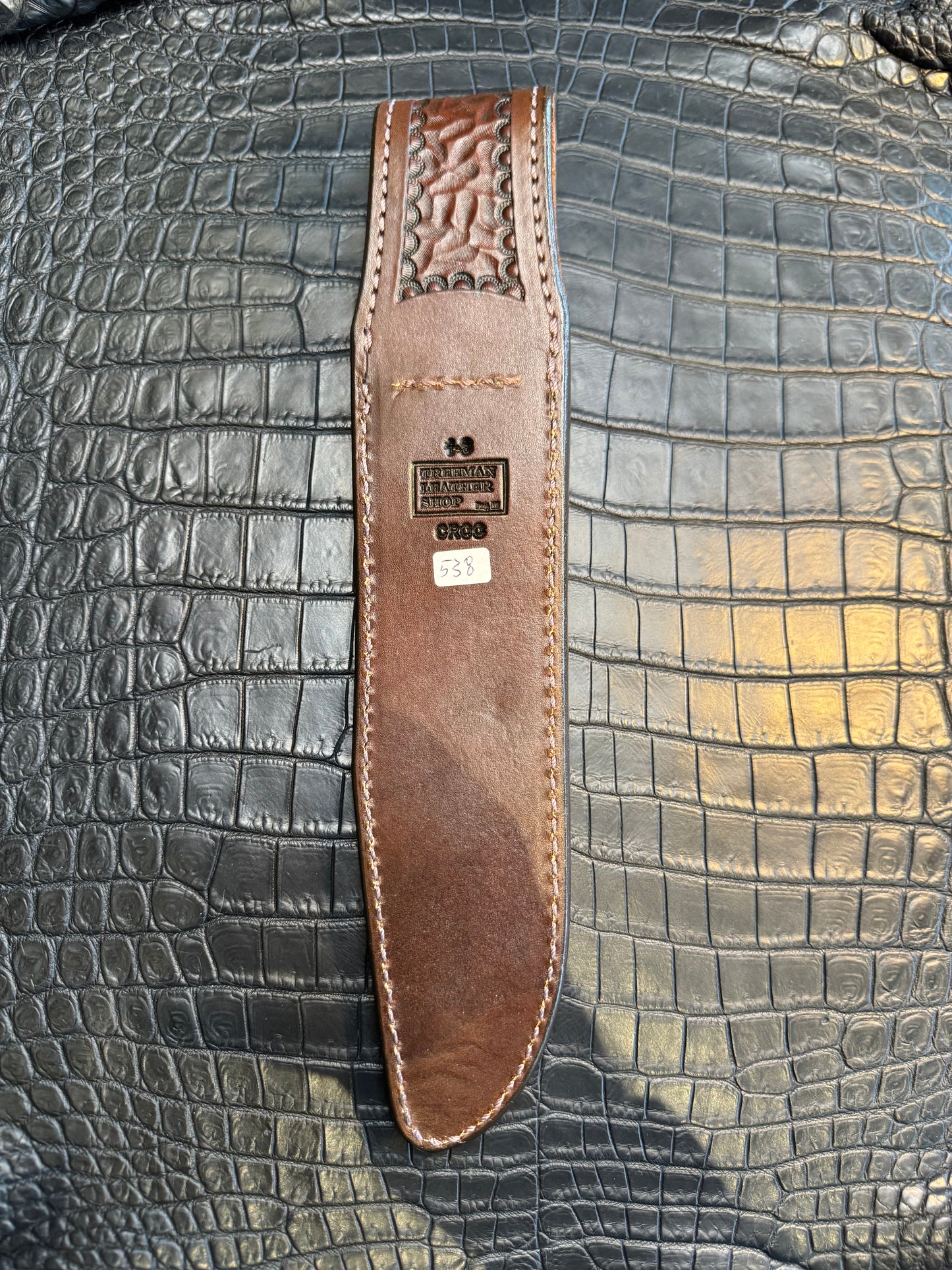 Randall Model 1-8 in Army Green Crocodile. Straight hilt, Canteen Snap, full brass stamping and stitching.