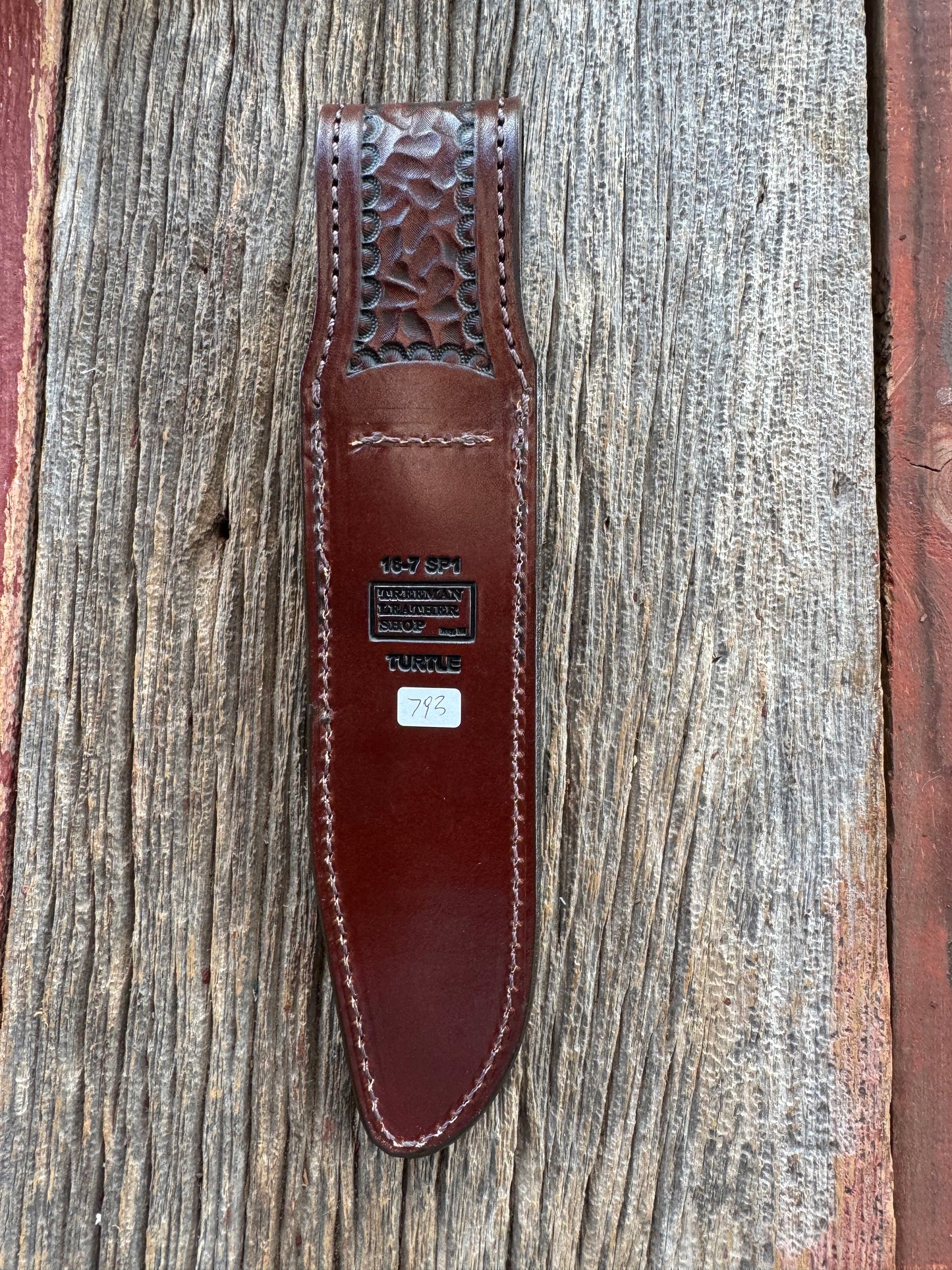Randall Model 16-7 SP1 Sheath in Exotic Brown Snapping Turtle by Treeman. Spiked Dragon tail portion of the turtle.