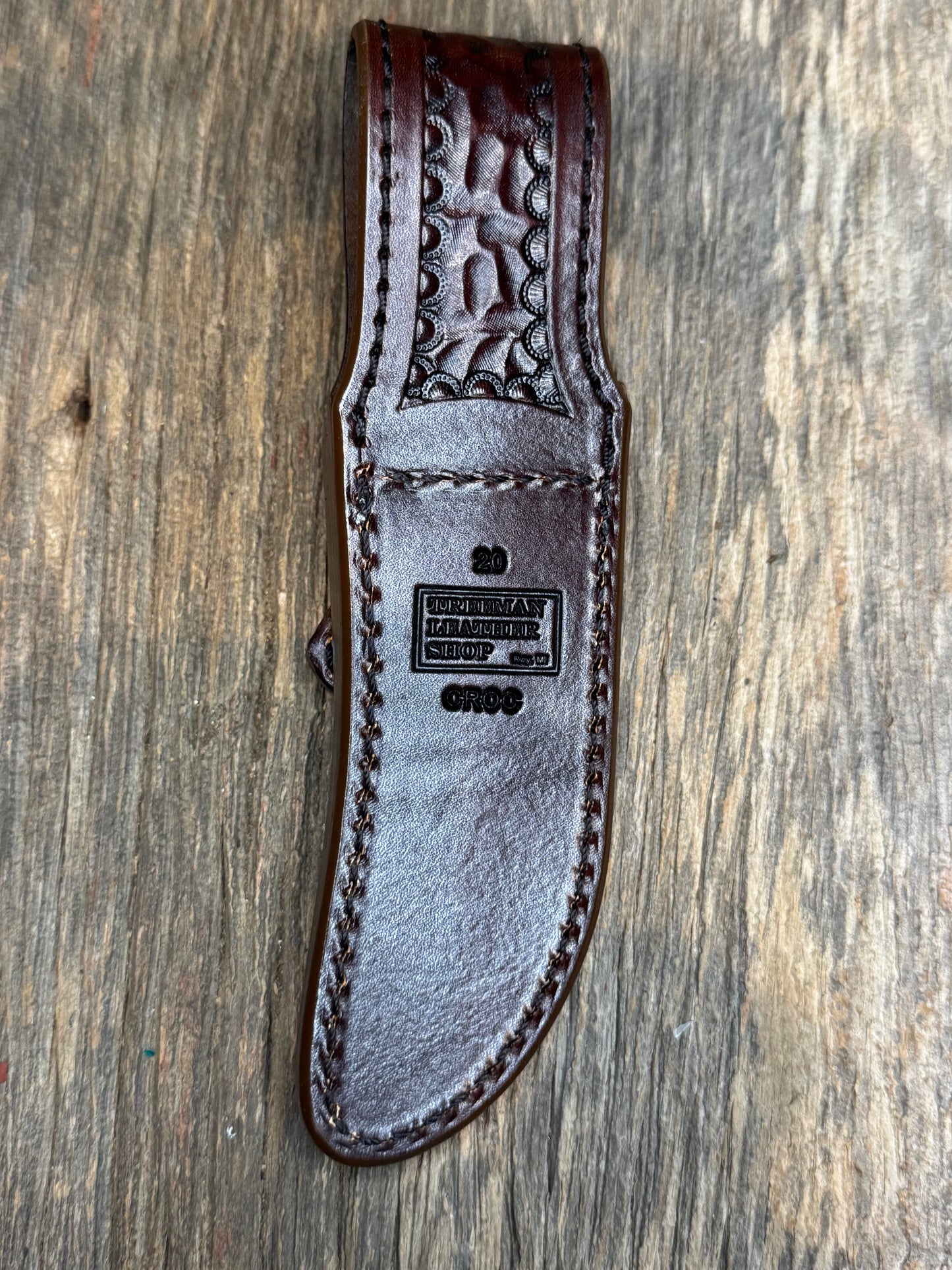Randall Model 20 Sheath in Exotic Brown Sueded Crocodile from Treeman.