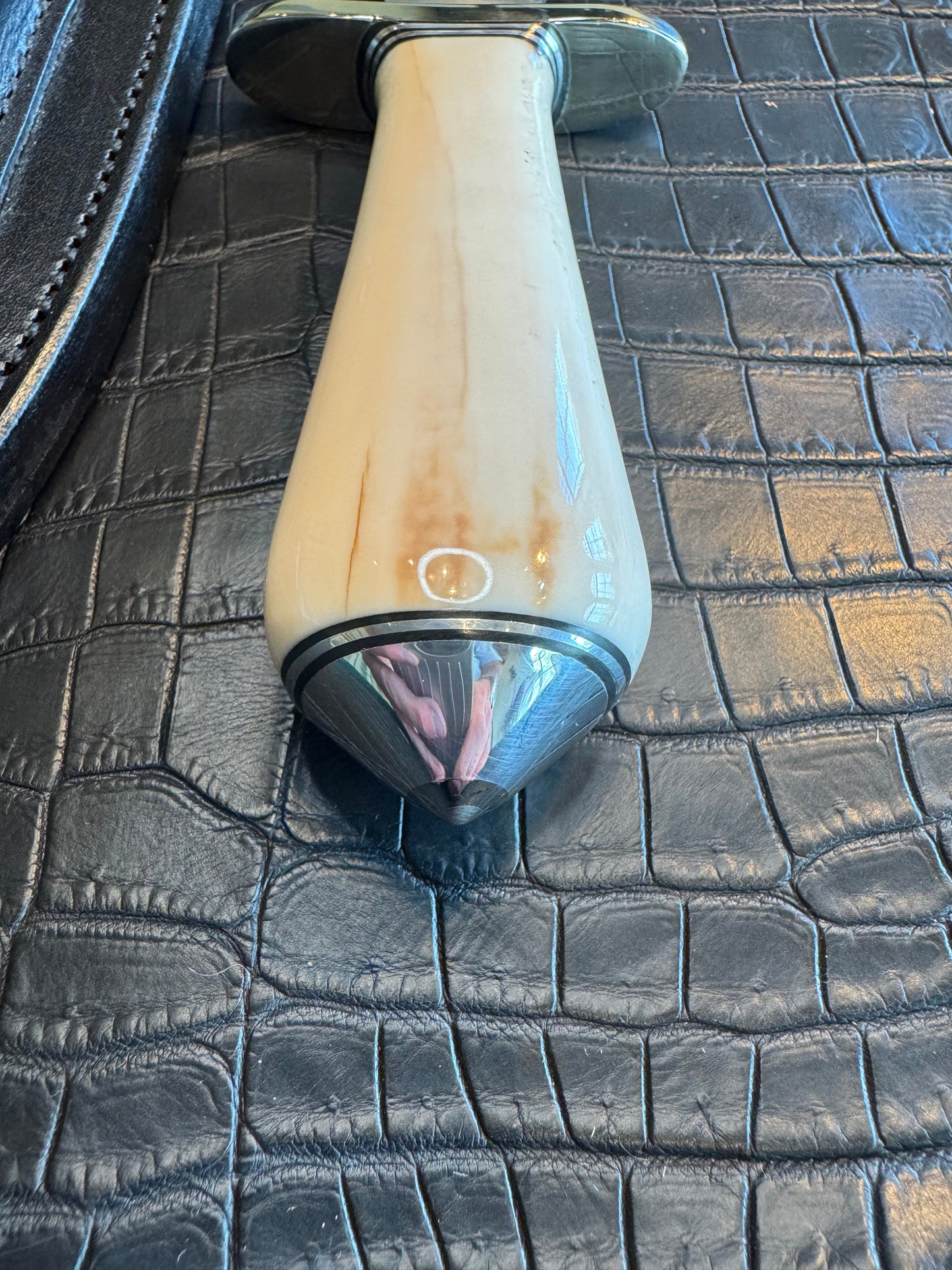 Randall Tom Clinton Dealer Special in a gorgeous piece of Creamy Fossil Walrus Ivory. Nickel Silver Hilt and Aluminum Flanged Butt cap.