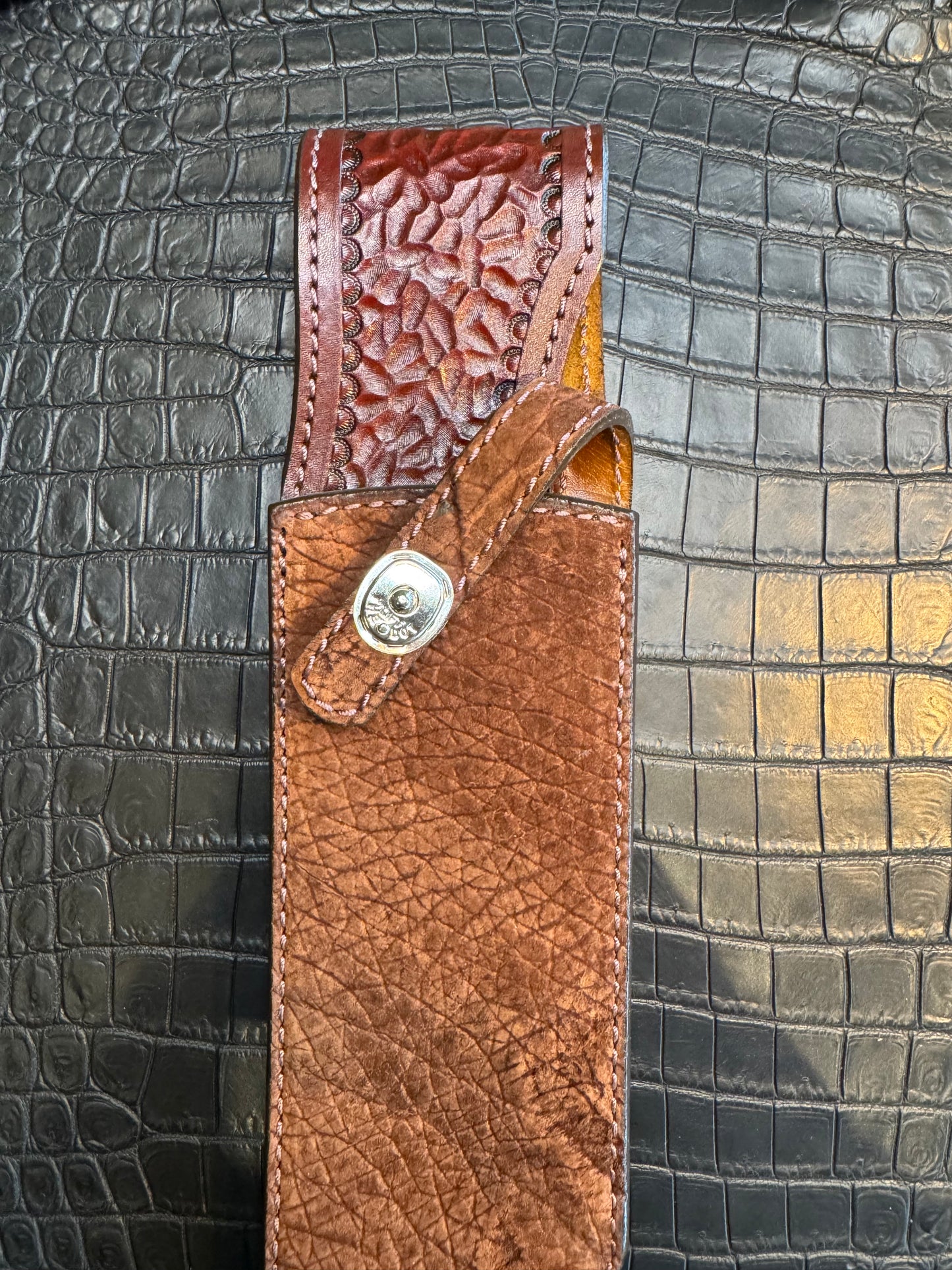 Randall Model 12-11 Smithsonian “Smitty” in Chocolate Hippo, forward curved hilt, Canteen Snap, full brass stamping and stitching.