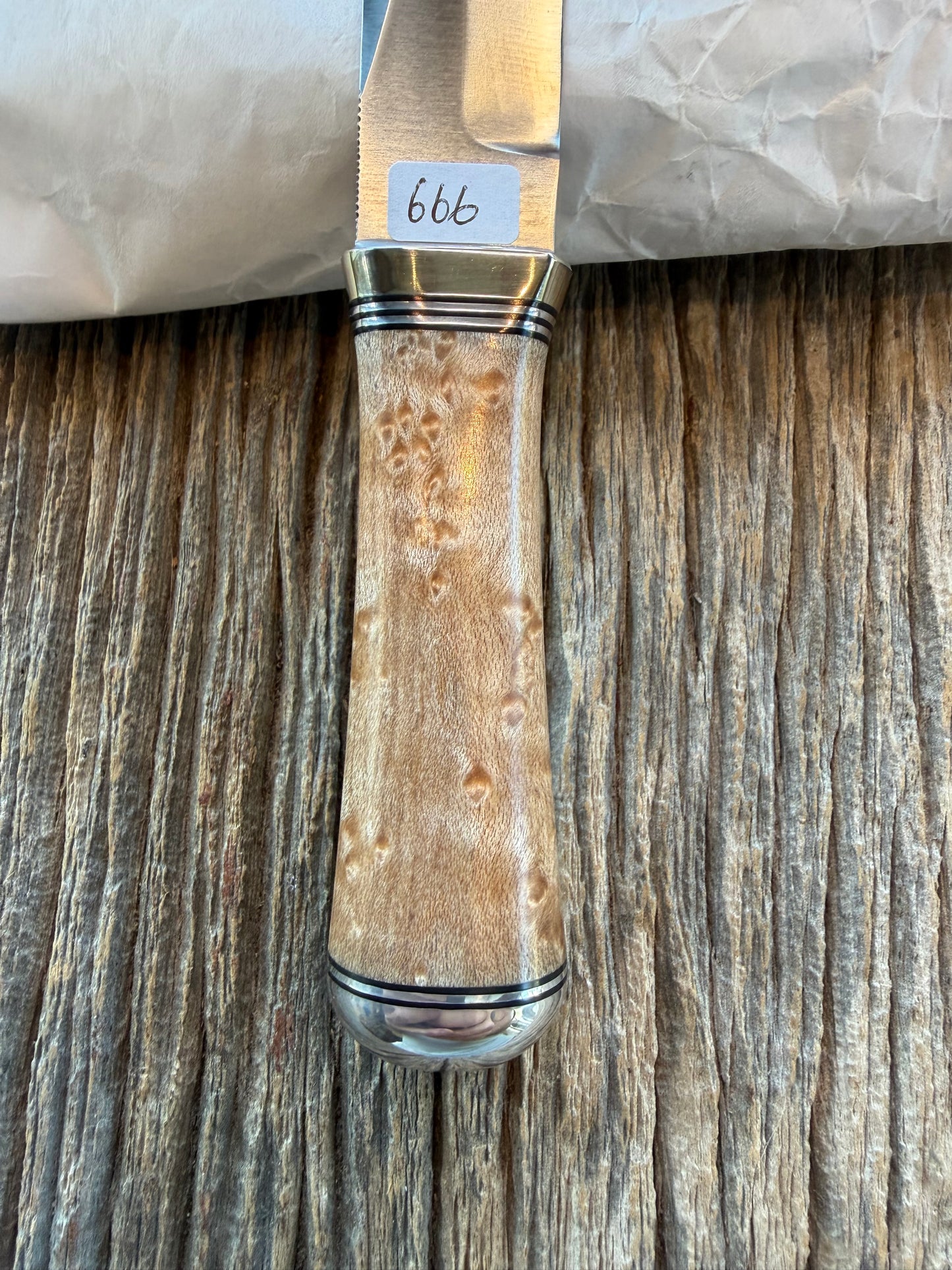 New in Paper Randall Model “Gambler” 4 Inch in Maple Wood, Nickel hilt, Stainless, black and aluminum spacers.