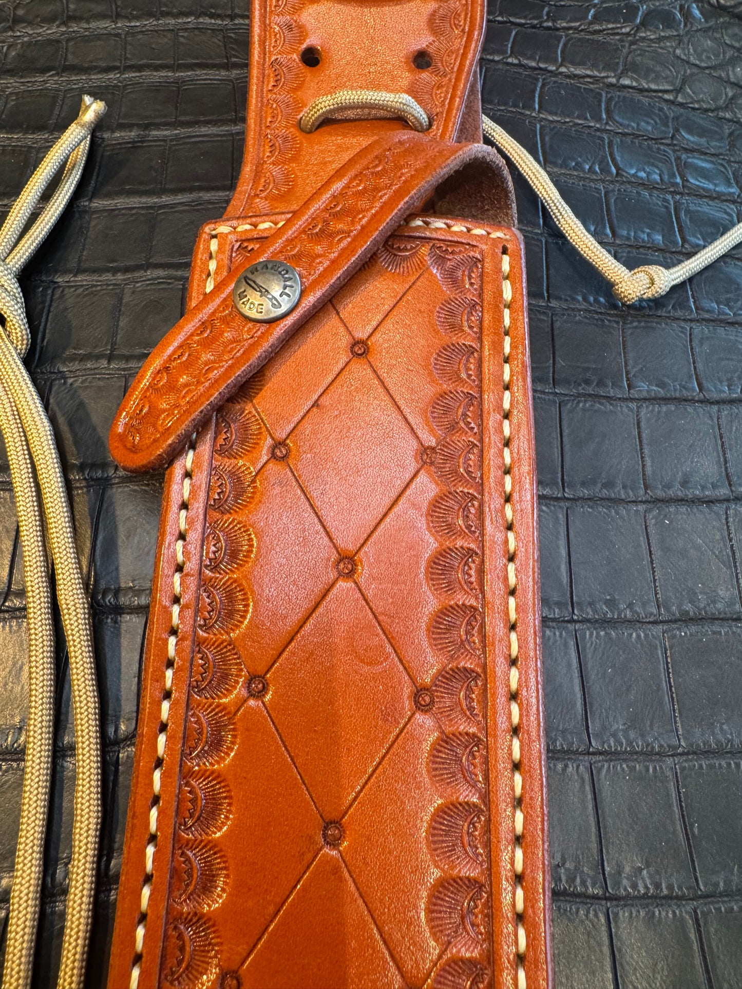 Randall Model 12-9C Sheath in a highly detailed Tooled Leather Custom Made at Sullivan’s by Gutcher.