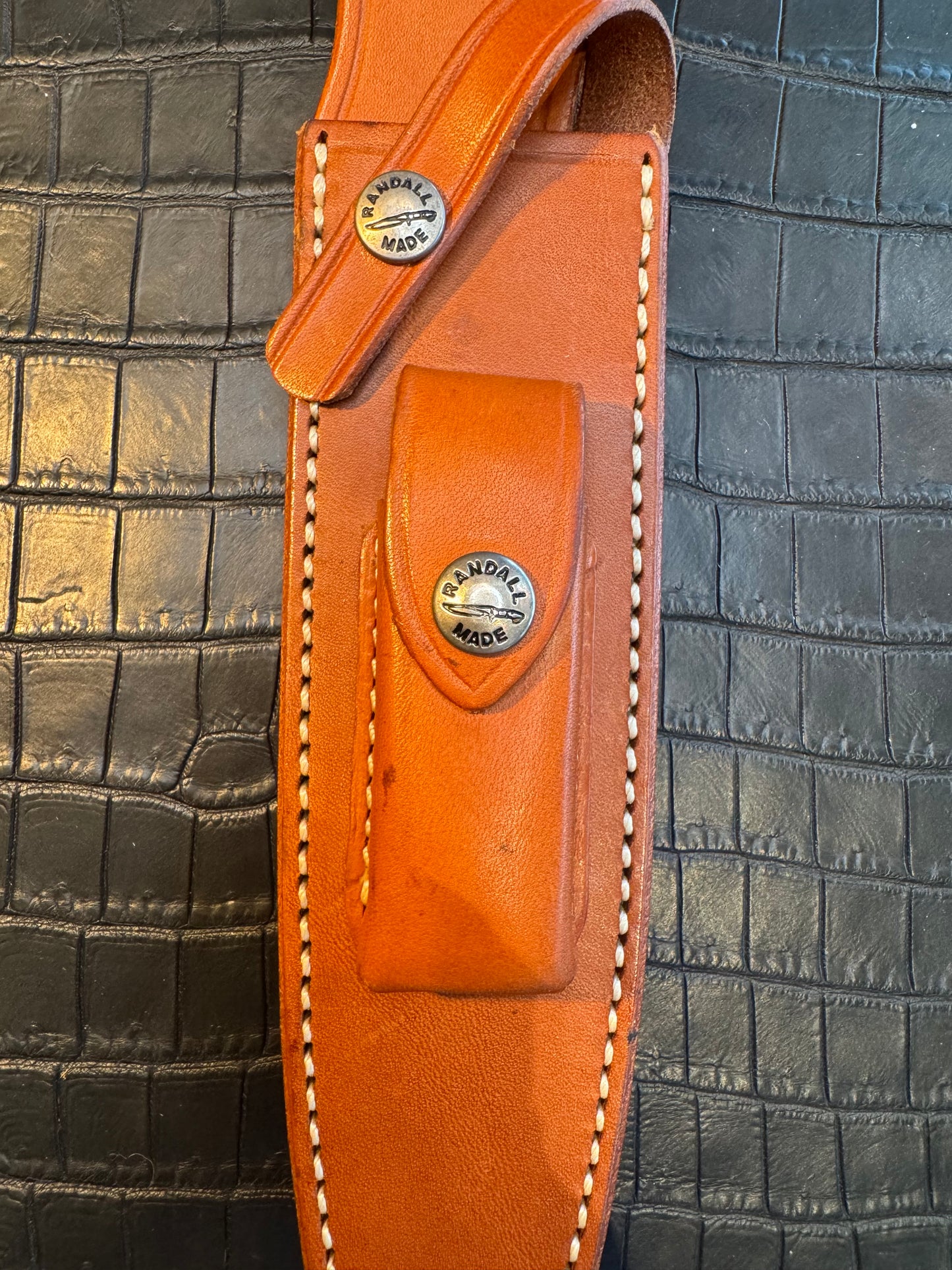 Randall Model 2-7 Sheath (with Stone) in Tan Leather made at Sullivans by Gutcher in Tampa Florida. Official sheath maker for Randall Knives.